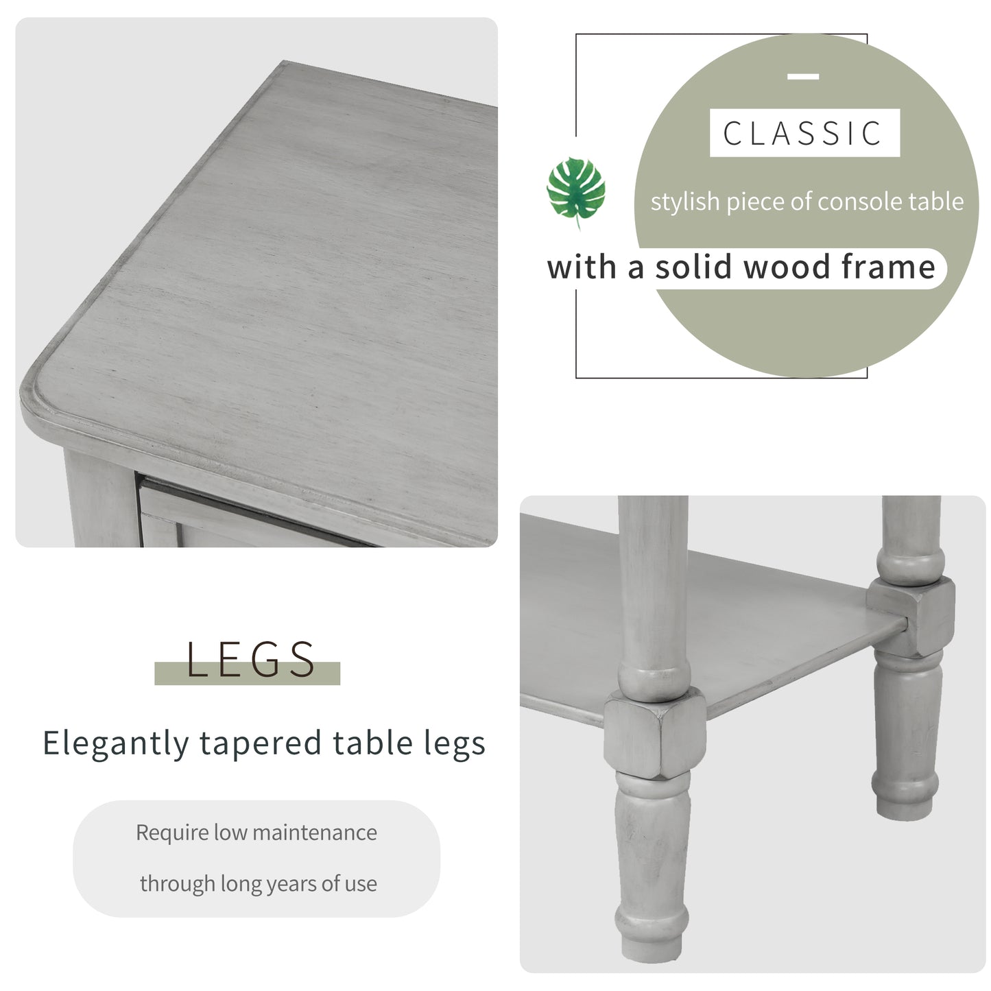 Luca™️ - Grey Washed Narrow Console Desk with 3 Drawers and Bottom Shelf for Living Room
