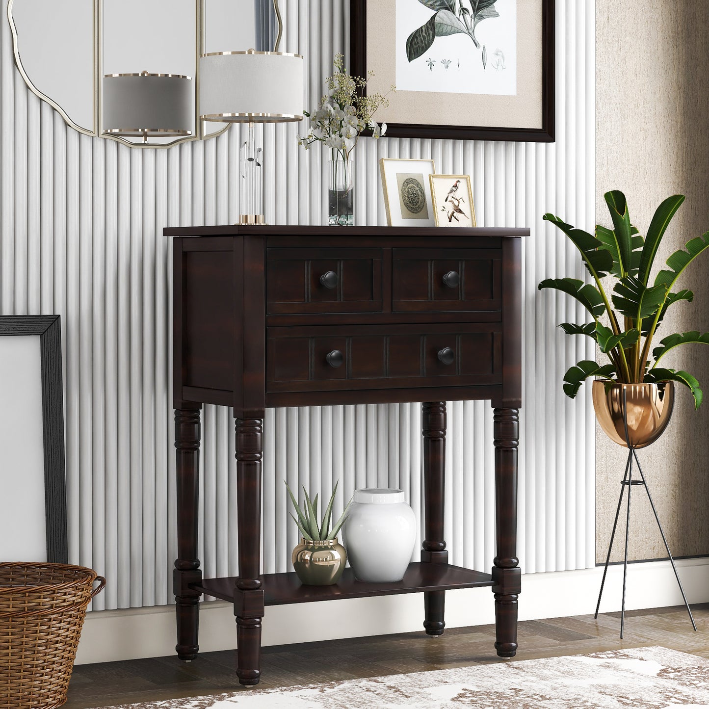 Sophie™️ - Narrow Console Desk with Storage Drawers and Bottom Shelf in Espresso