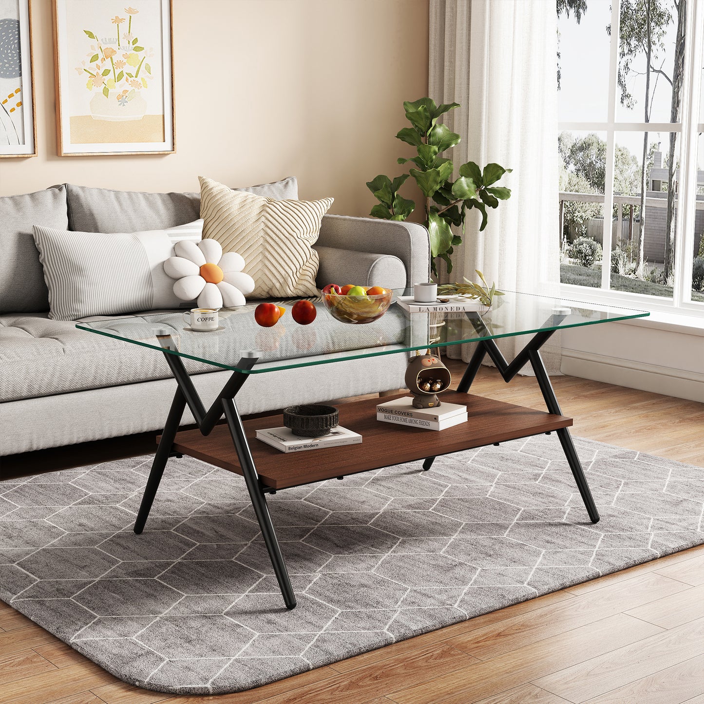 Freja™️ - Rectangle Coffee Table with Tempered Glass Top and Black Metal Legs
