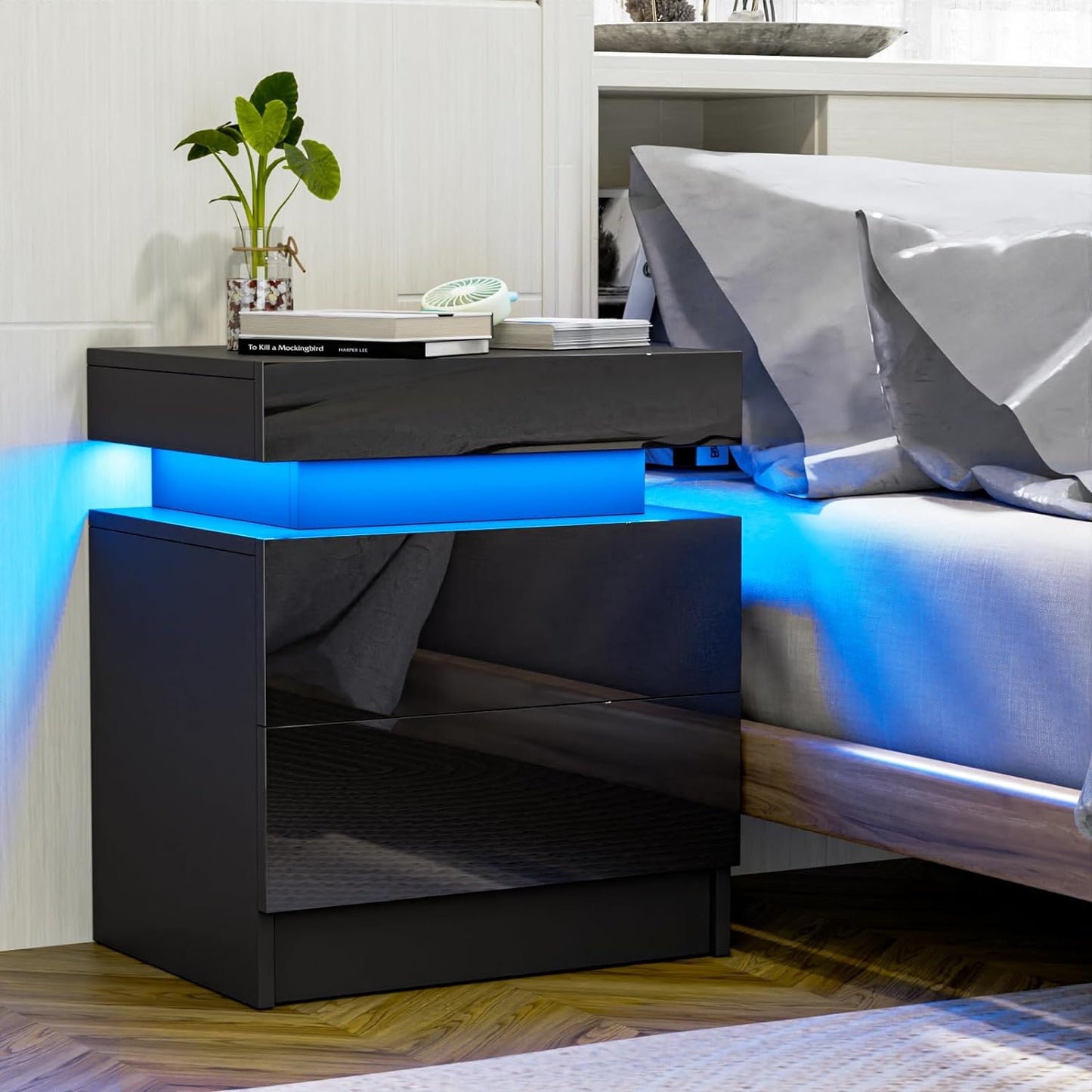 Vimora™ - Modern Black LED Nightstand with Glossy Drawers & Multi-Colour Lighting