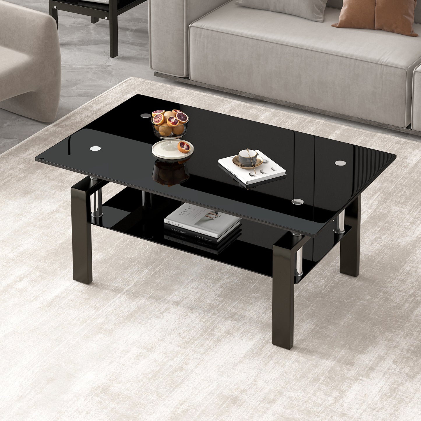 Vimora™ - Modern Black Tempered Glass Coffee Table with 2-Layer Storage