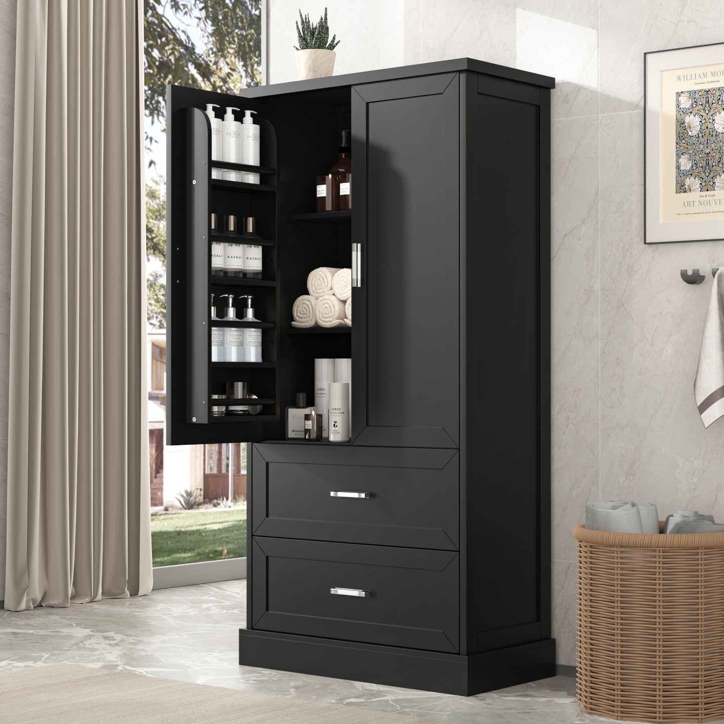 Vimora™ - Tall Black Bathroom Storage Cabinet with Doors, Drawers & Adjustable Shelf