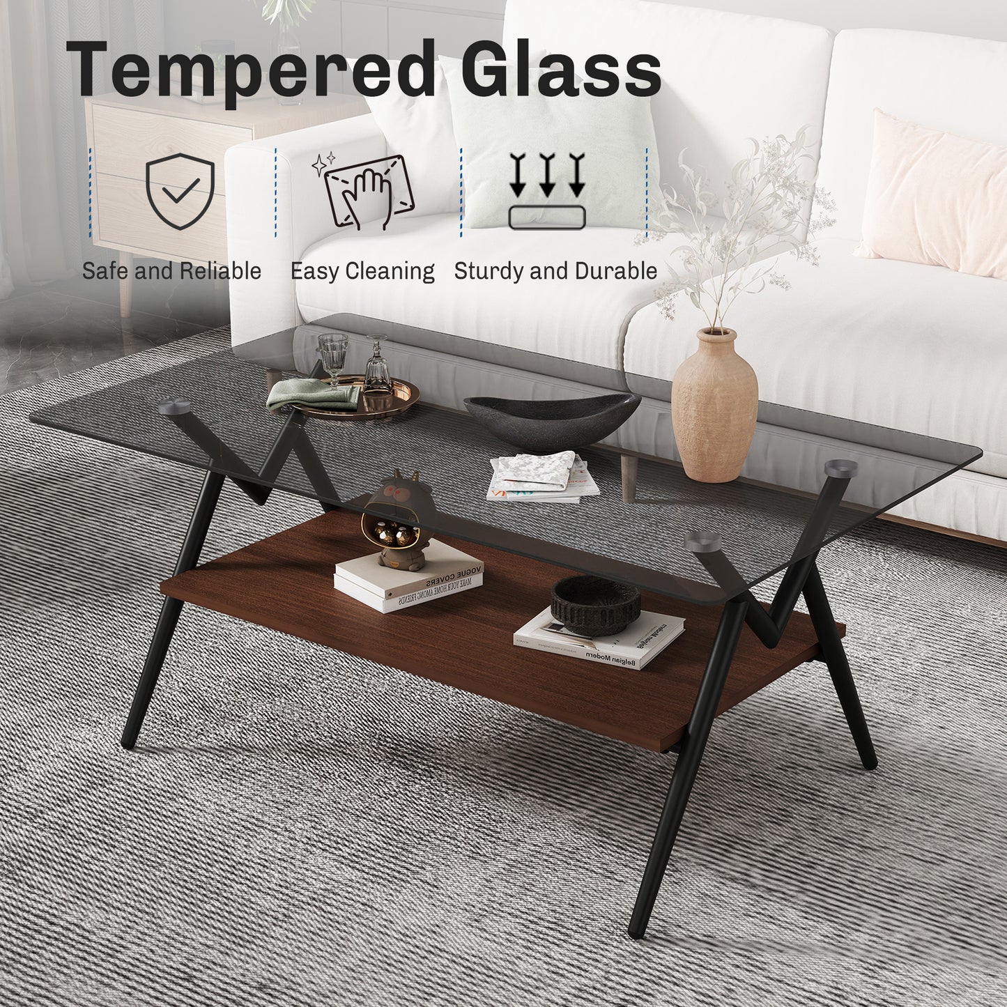 Vimora™ - Modern Rectangle Coffee Table with Tempered Gray Glass Top and Brown MDF Shelf