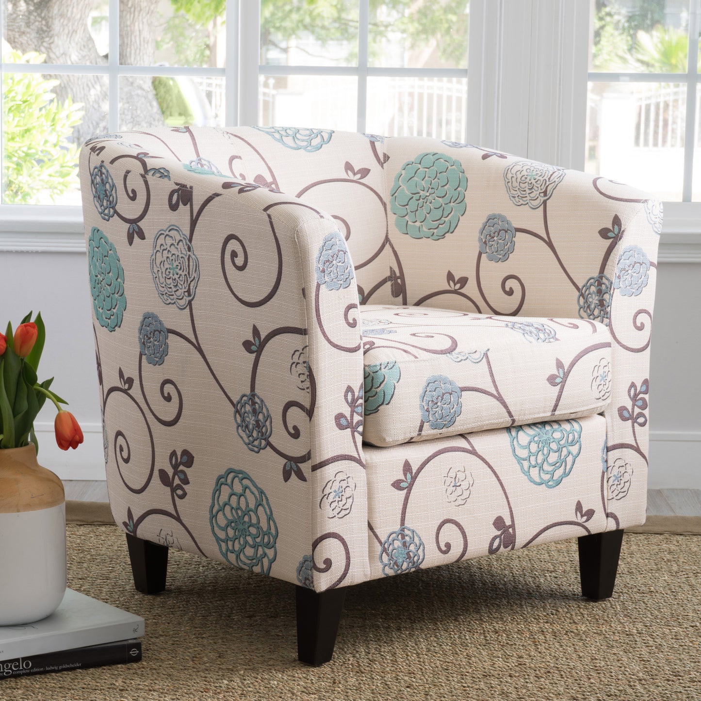 Vimora™ - White and Blue Fabric Club Chair with Birch Wood Legs
