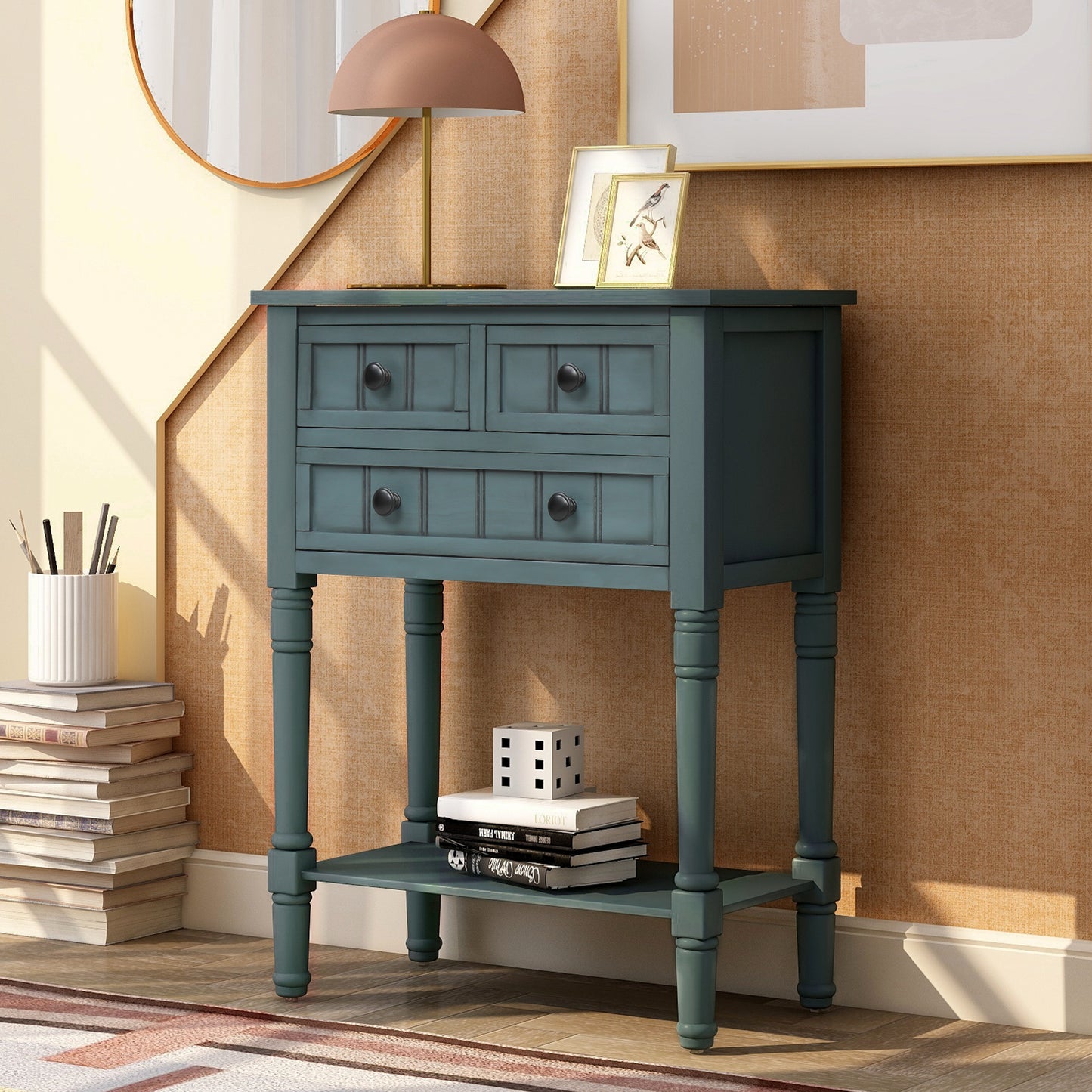 Vimora™ - Narrow Console Table with Storage Drawers and Bottom Shelf in Navy