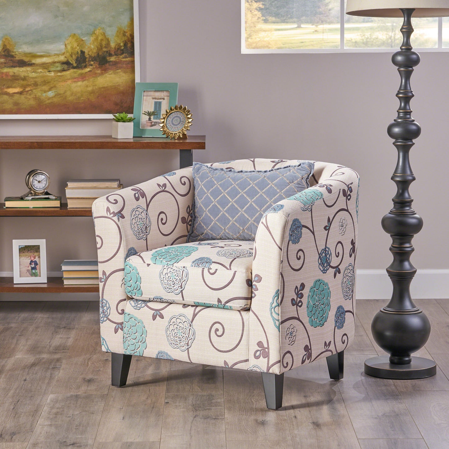 Vimora™ - White and Blue Fabric Club Chair with Birch Wood Legs