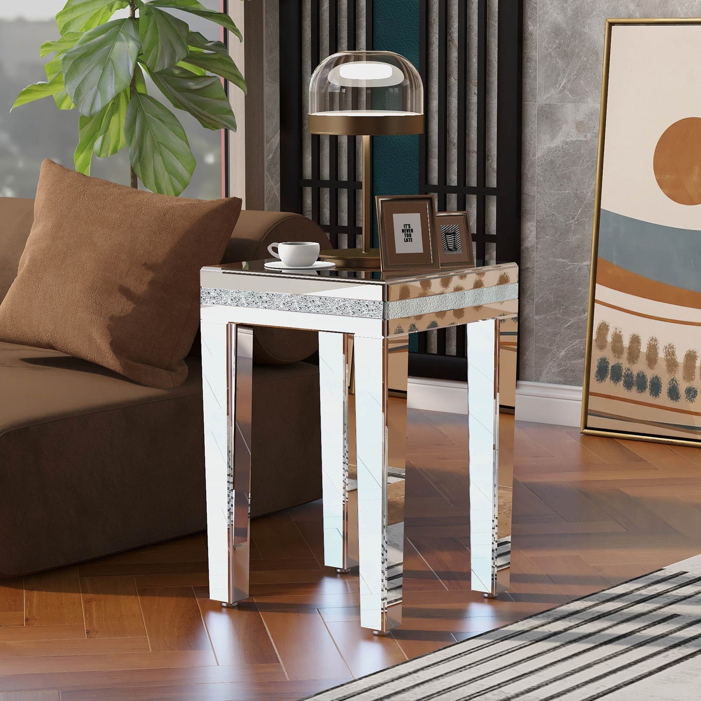 Vimora™ - Modern Glass Mirrored Silver End Table with Adjustable Height Legs