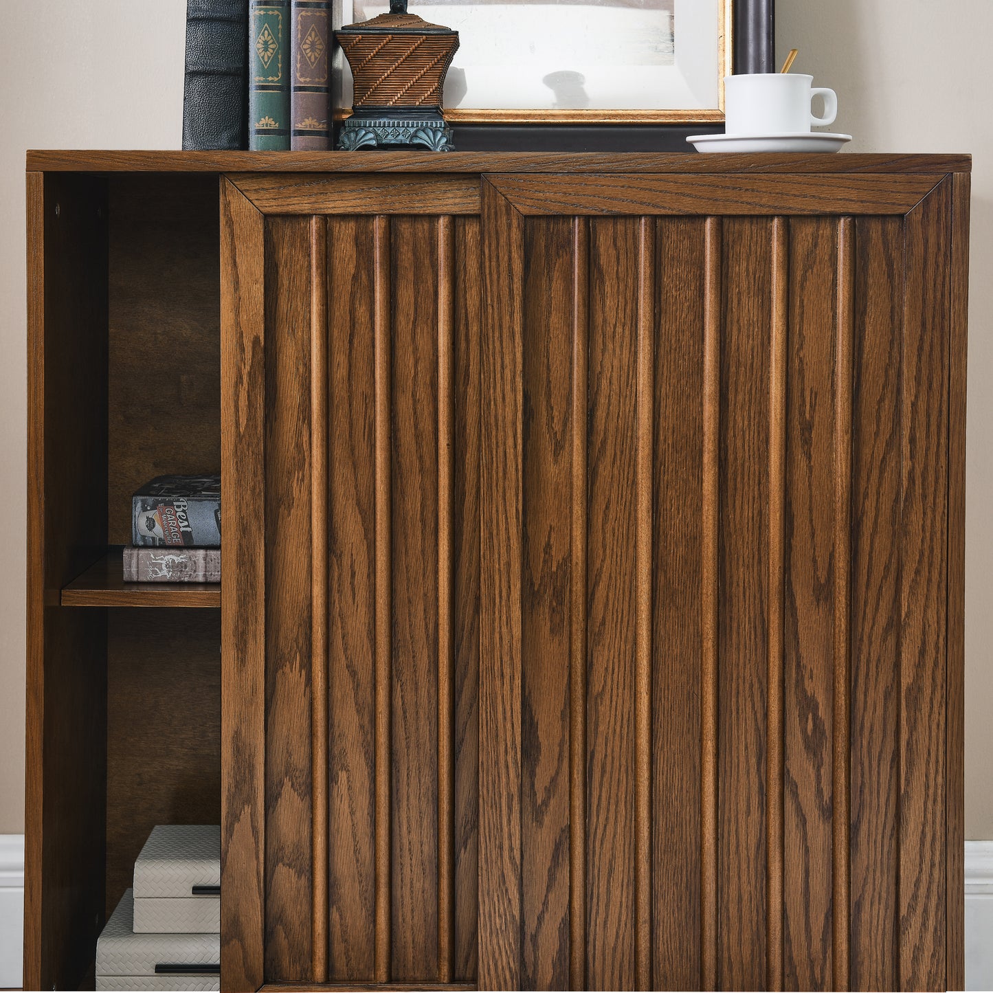 Vimora™ - Walnut Mid Century Sideboard with Sliding Doors & Solid Wood Strips for Stylish Storage