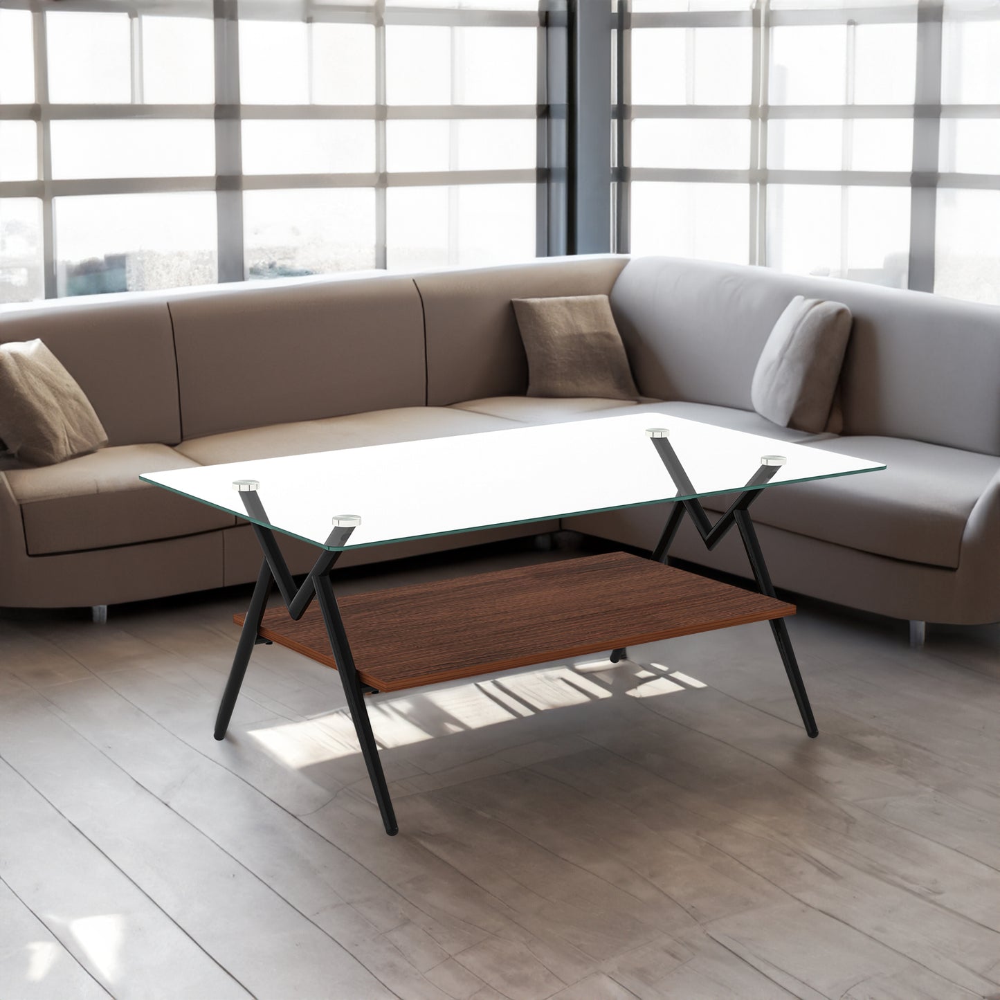 Freja™️ - Rectangle Coffee Table with Tempered Glass Top and Black Metal Legs