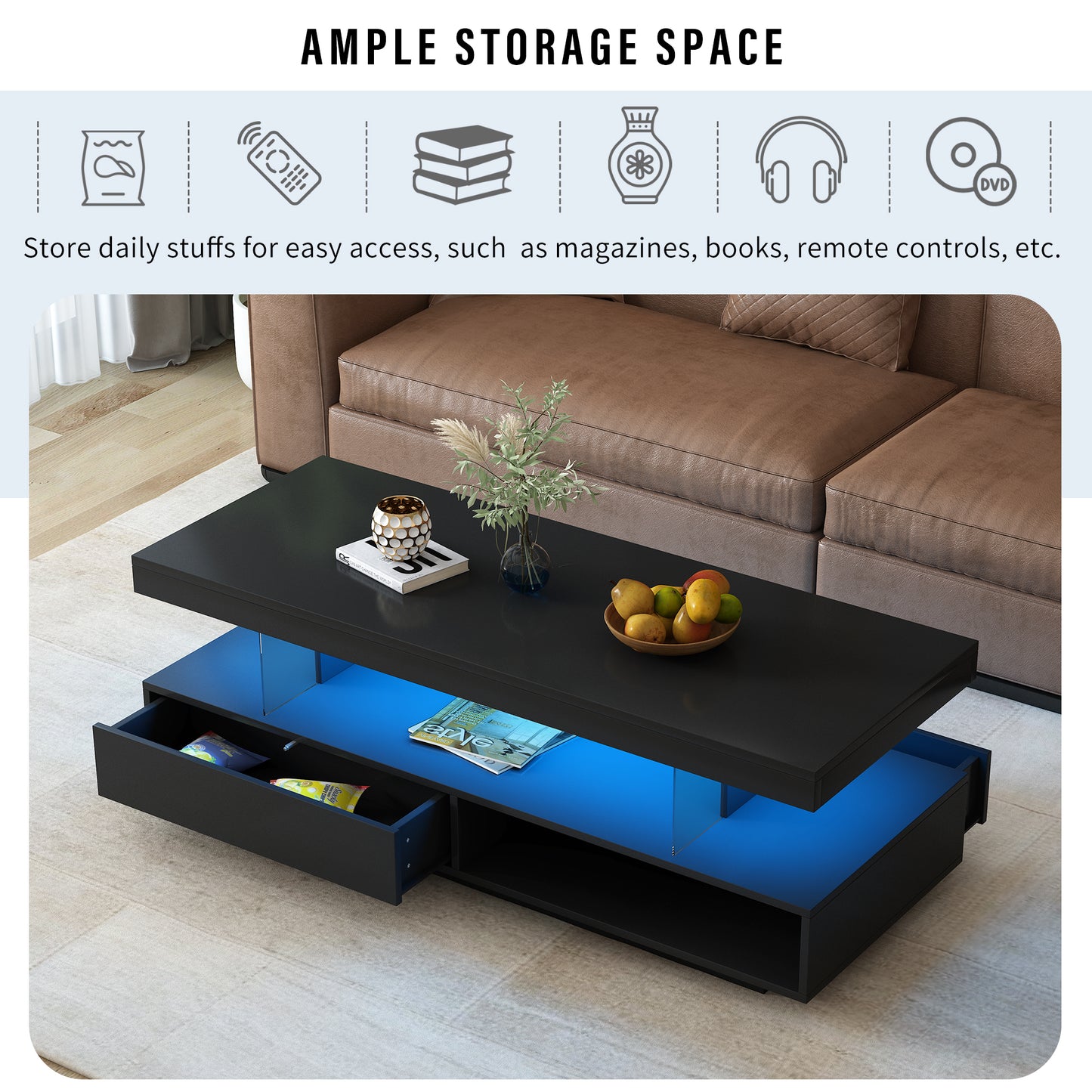 Vimora™ - Modern LED Coffee Table with Storage, 2 Drawers & Display Rack (Black)
