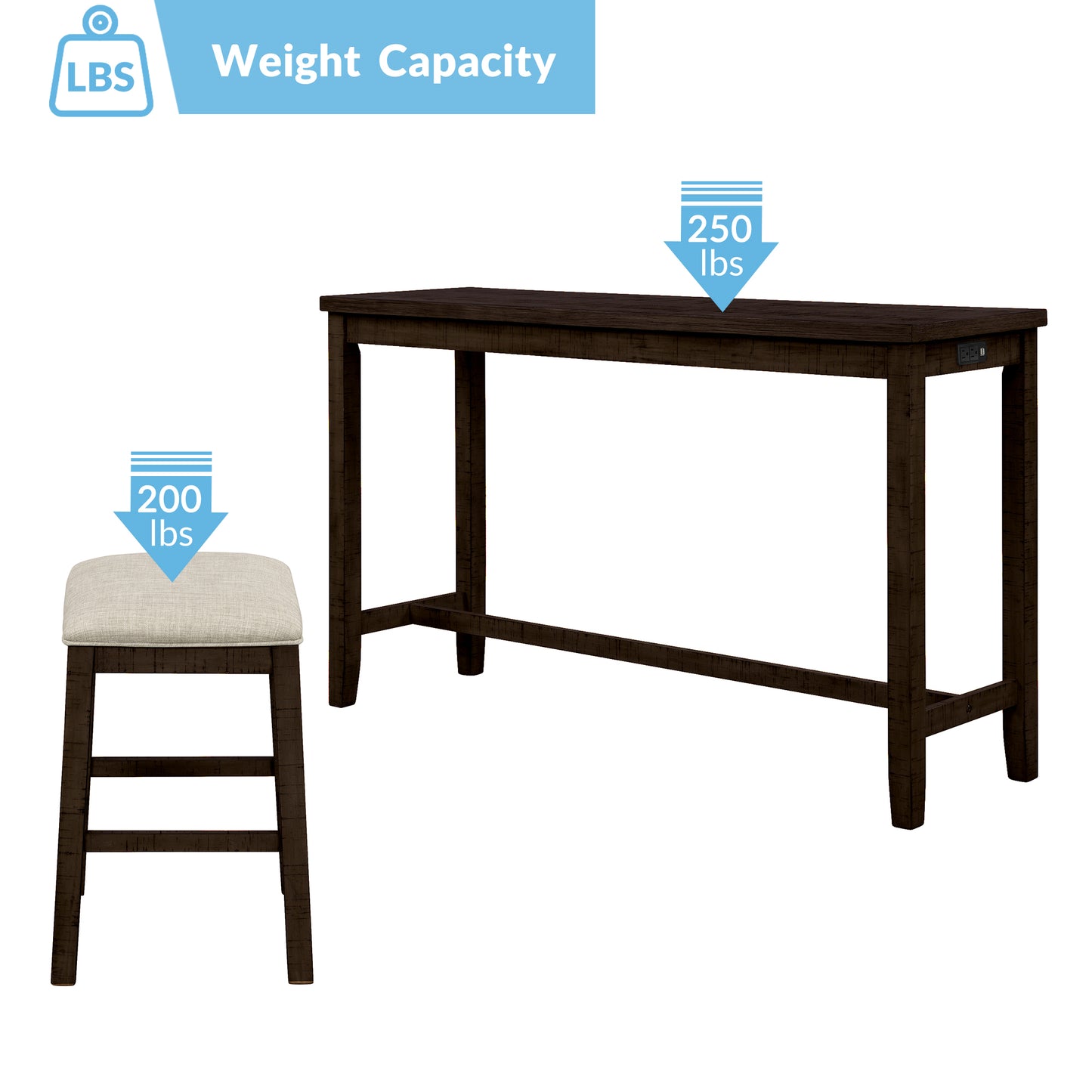 Vimora™ - Rustic Brown Counter Height Dining Set with Padded Stools and Built-in Charging
