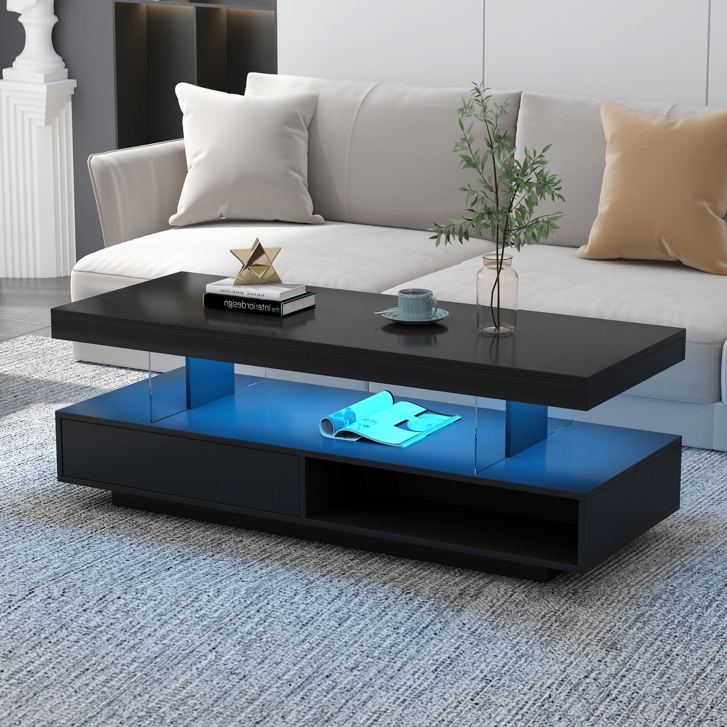 Vimora™ - Modern LED Coffee Table with Storage, 2 Drawers & Display Rack (Black)
