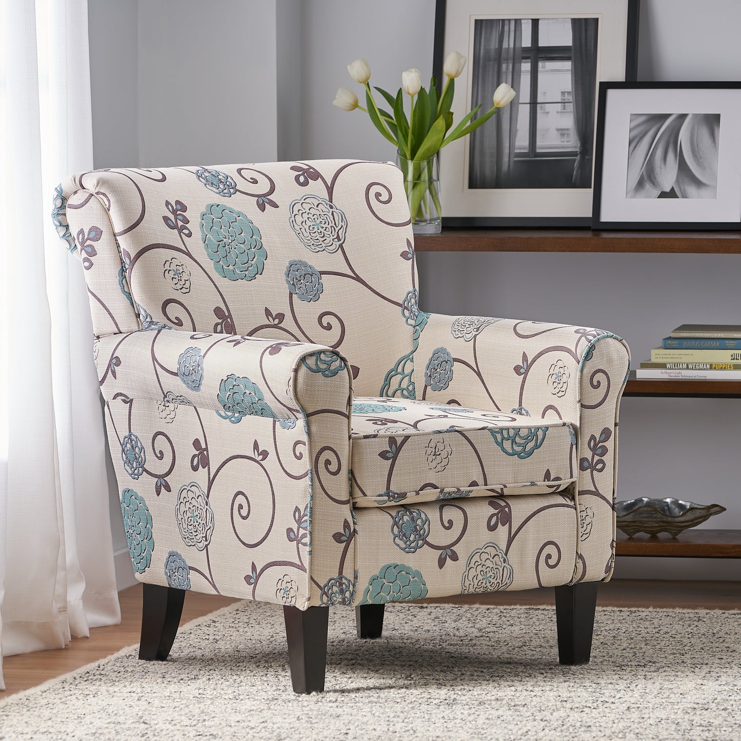 Vimora™ - Jasmine Club Chair in Blue Floral Fabric with Chic Rolled Armrests