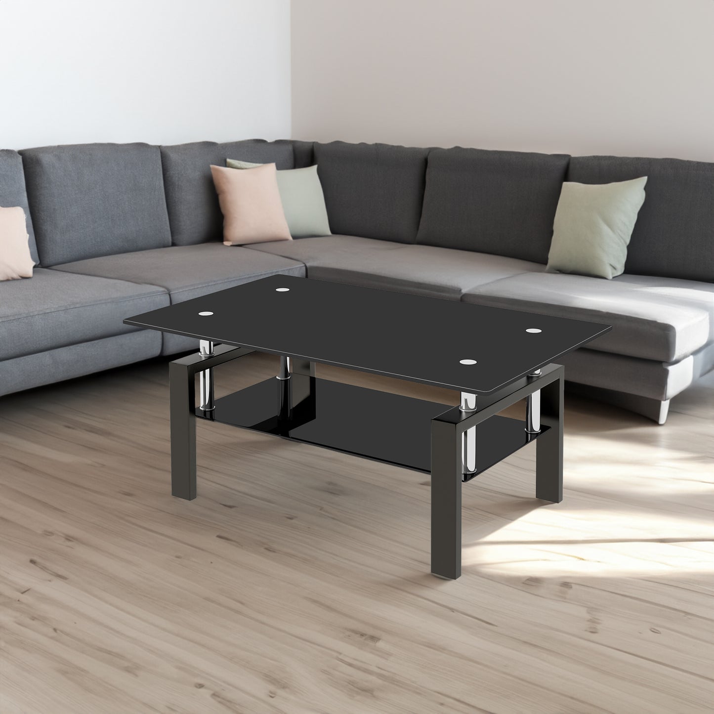 Vimora™ - Modern Black Tempered Glass Coffee Table with 2-Layer Storage