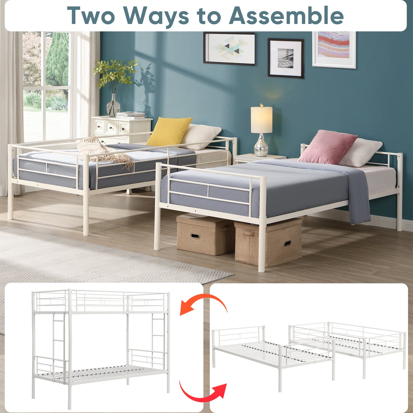 Vimora™ - Twin Over Twin Metal Bunk Bed with Safety Guardrails & Convertible Design in White