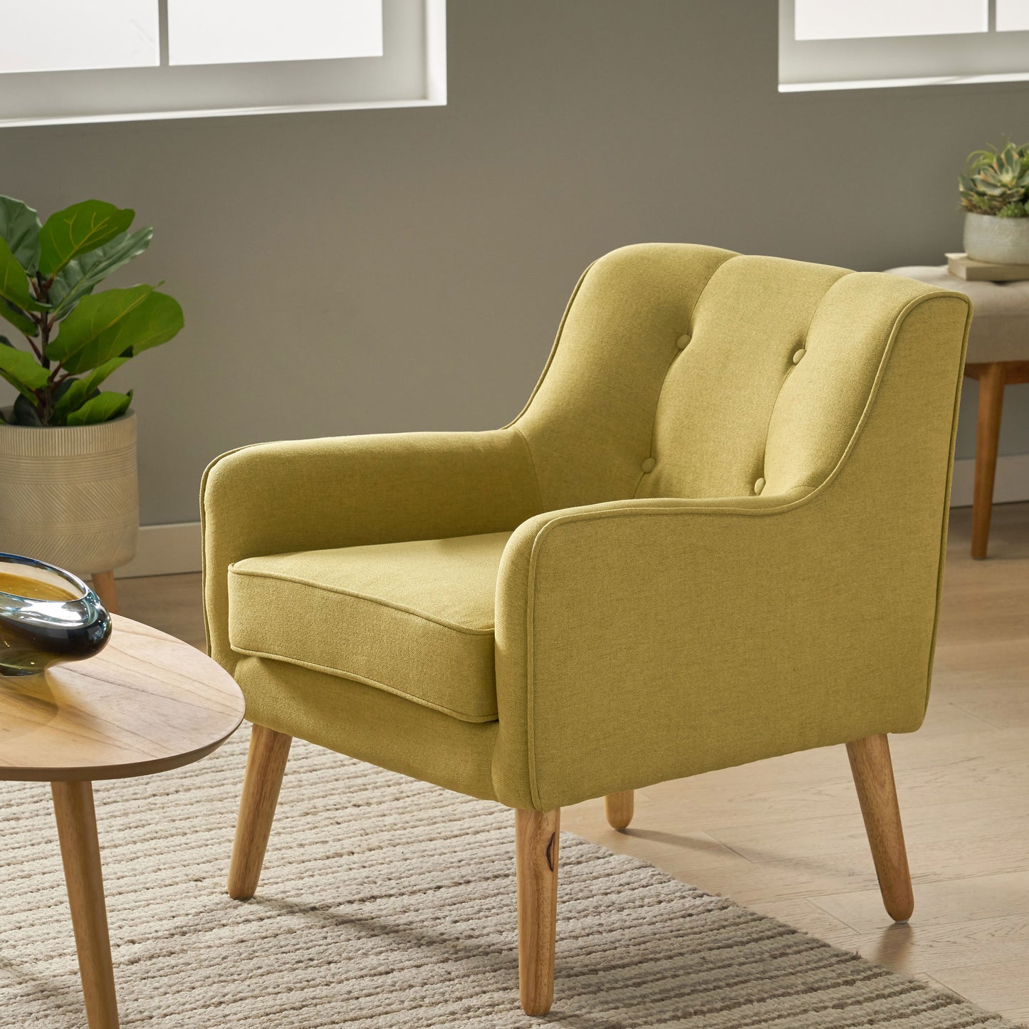 Vimora™ - Yellow Mid-Century Modern Arm Chair with Tufted Back and Birch Wood Legs