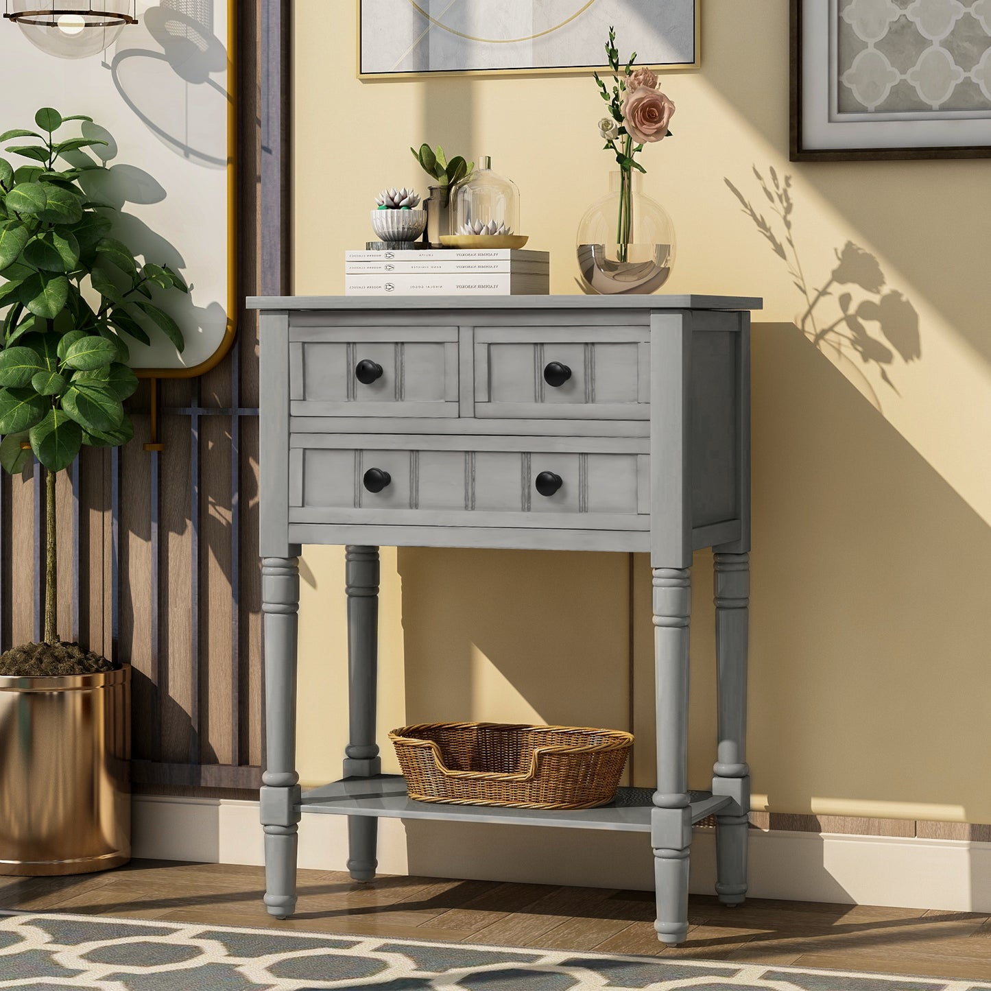 Luca™️ - Grey Washed Narrow Console Desk with 3 Drawers and Bottom Shelf for Living Room