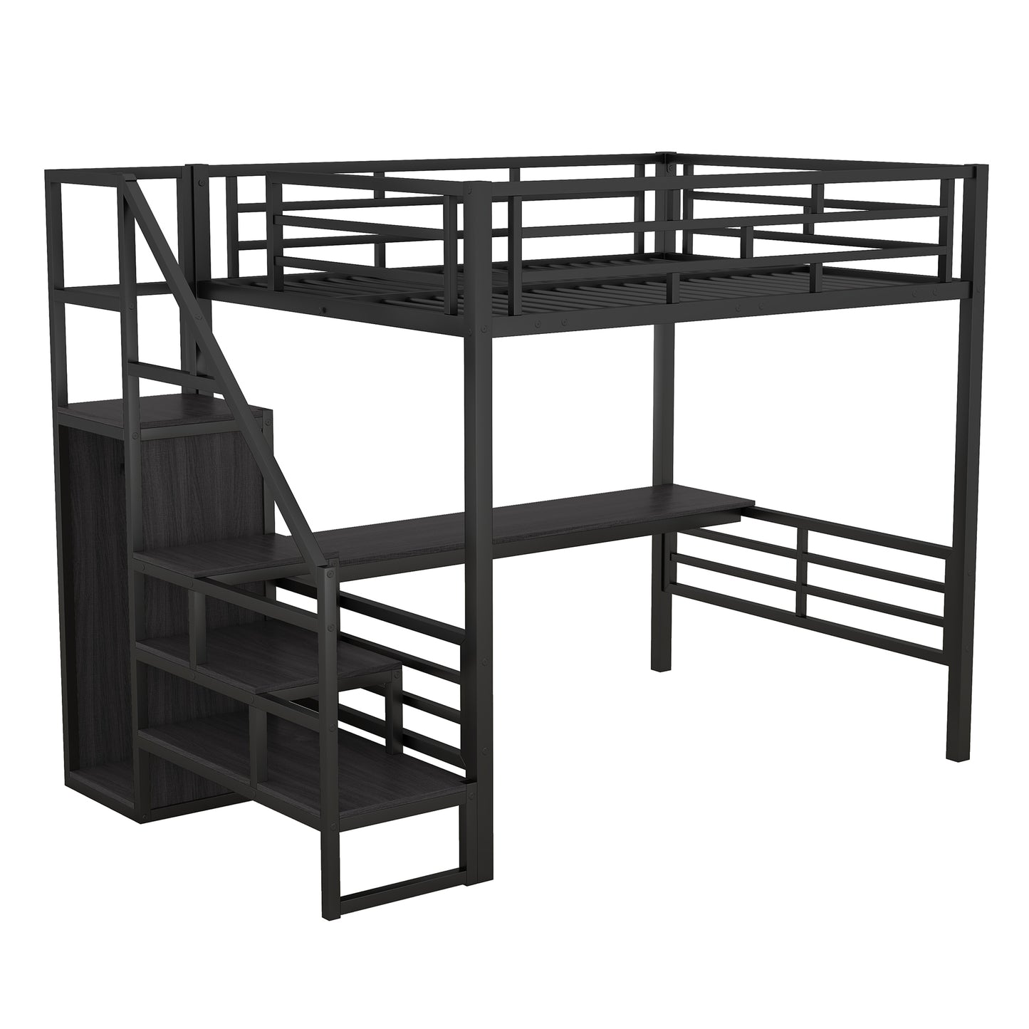 Vimora™ - Full Size Metal Loft Bed with Desk, Storage Staircase and Wardrobe in Black