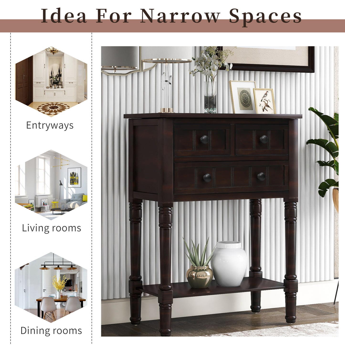 Sophie™️ - Narrow Console Desk with Storage Drawers and Bottom Shelf in Espresso