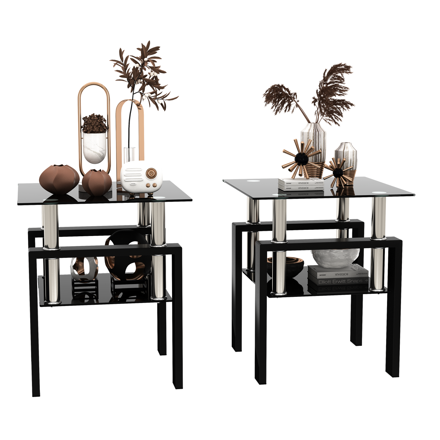 Vimora™ - Set of 2 Modern Black Glass Coffee Tables for Living Room