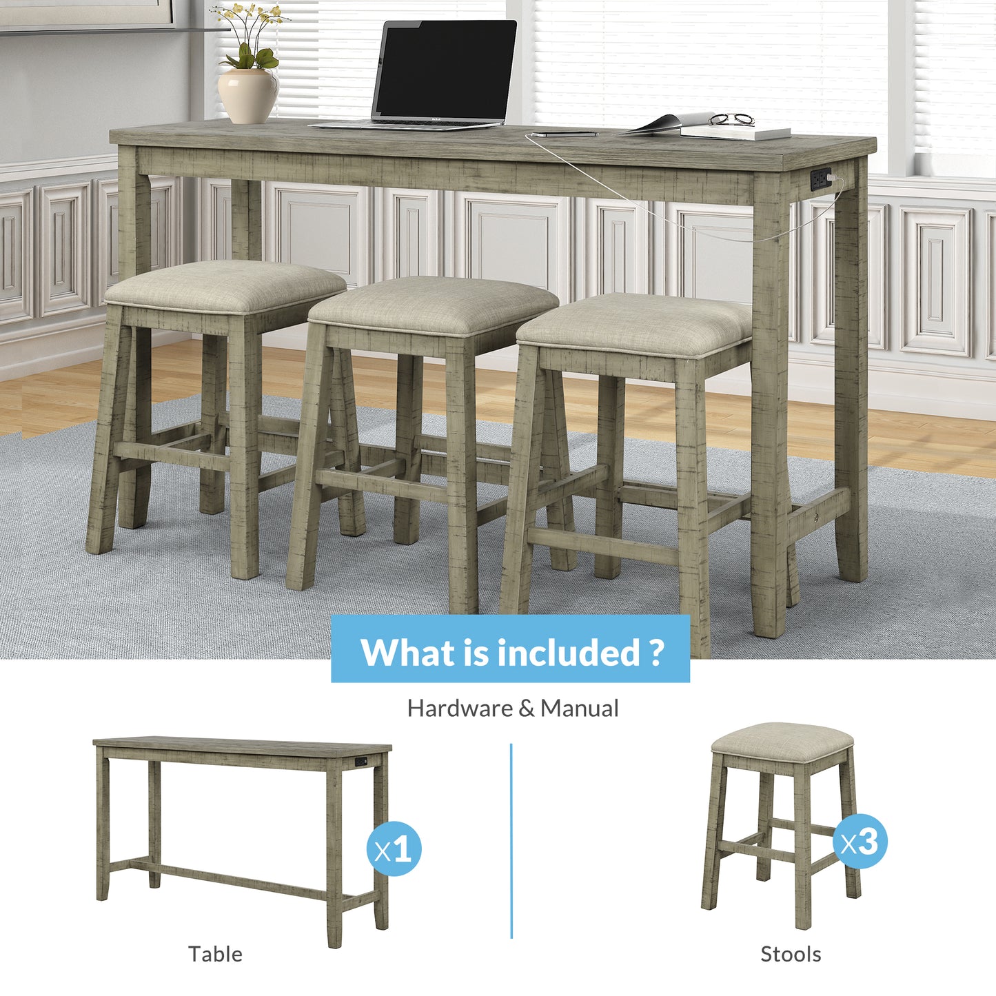 Vimora™ - Rustic 4-Piece Counter Height Dining Set with Padded Stools and Charging Socket