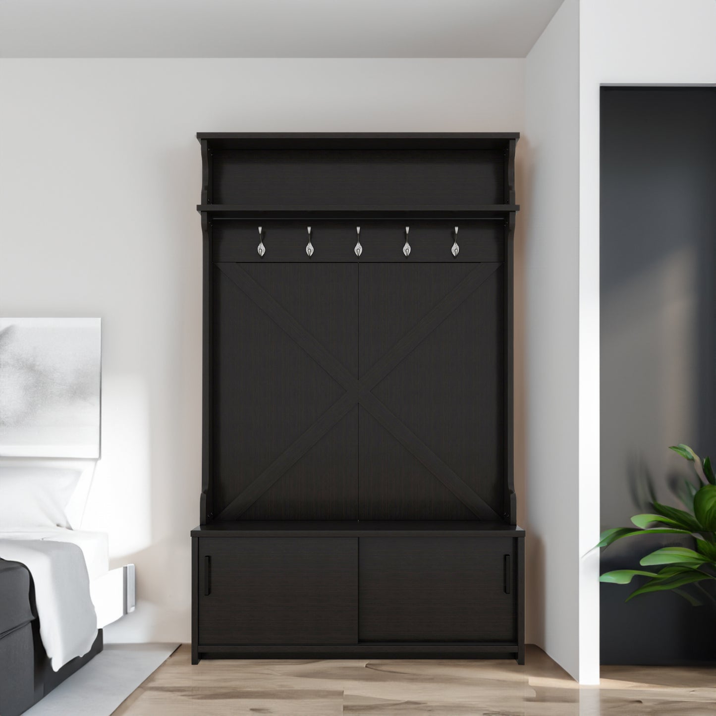 Vimora™ - Black Hall Tree with Storage Bench, Sliding Door & 5 Hooks