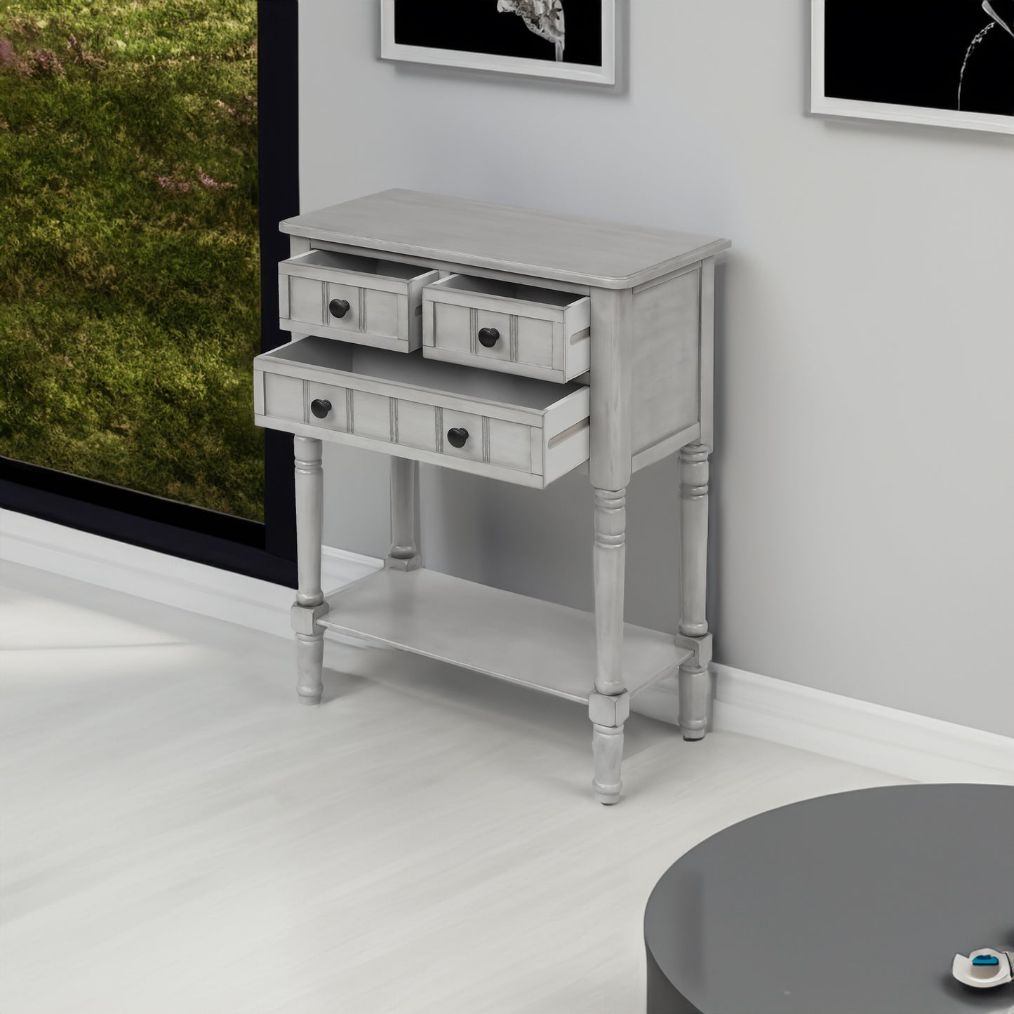 Luca™️ - Grey Washed Narrow Console Desk with 3 Drawers and Bottom Shelf for Living Room