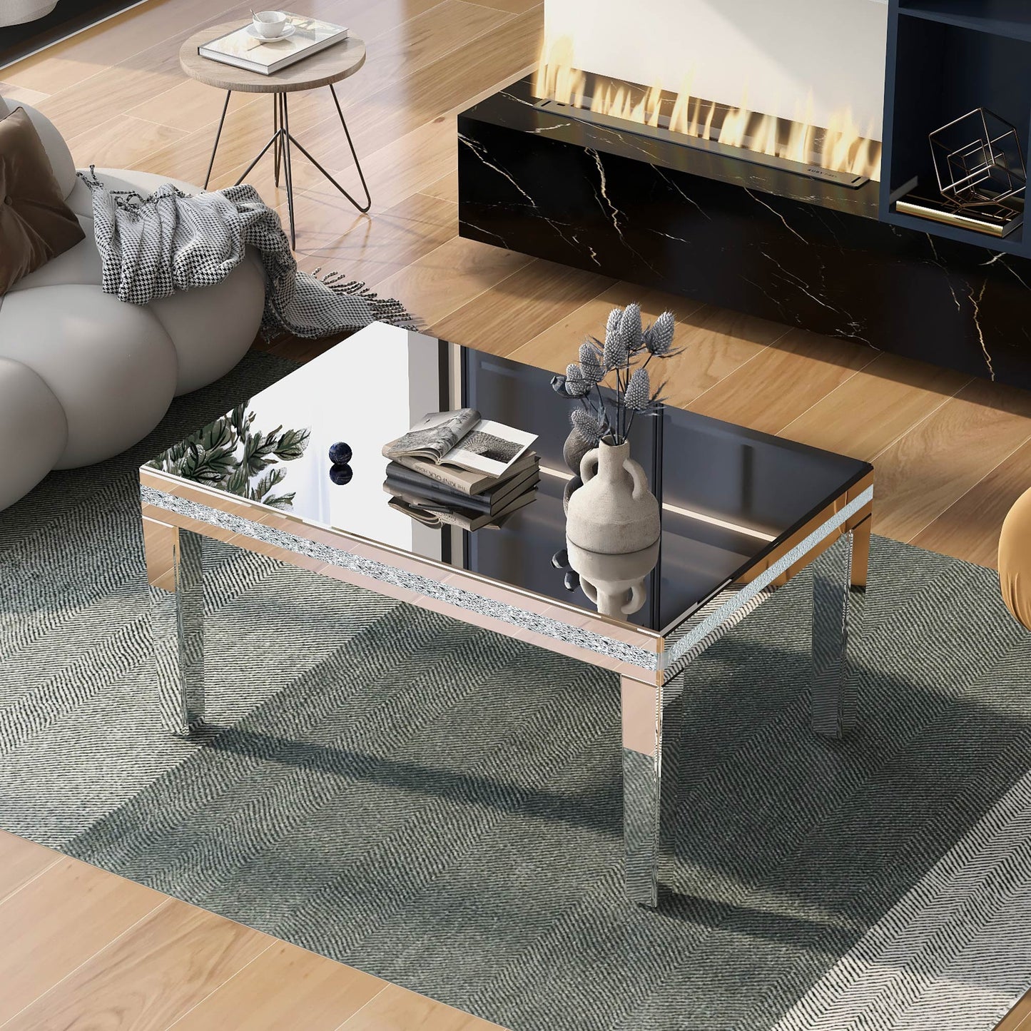 Sofia™️ - Modern Glass Mirrored Coffee Table with Crystal Design and Adjustable Height Legs
