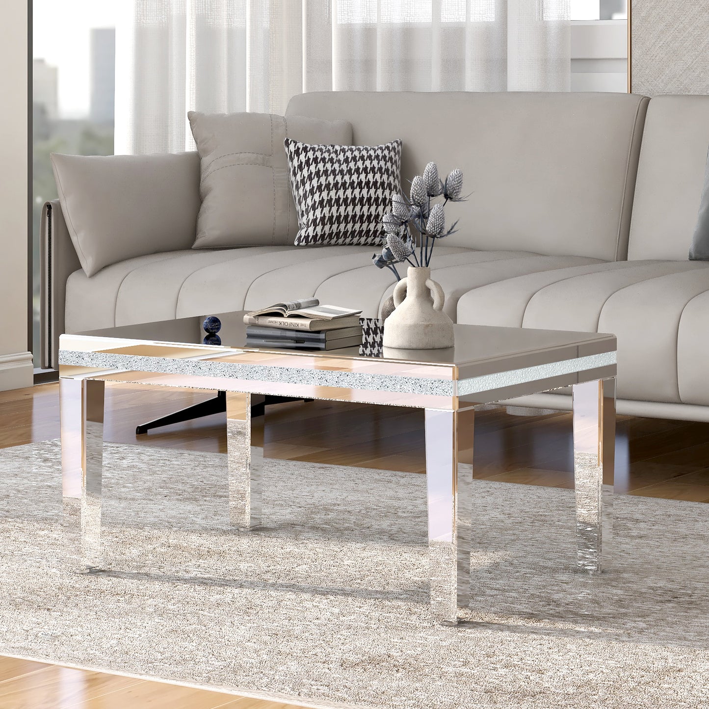 Sofia™️ - Modern Glass Mirrored Coffee Table with Crystal Design and Adjustable Height Legs