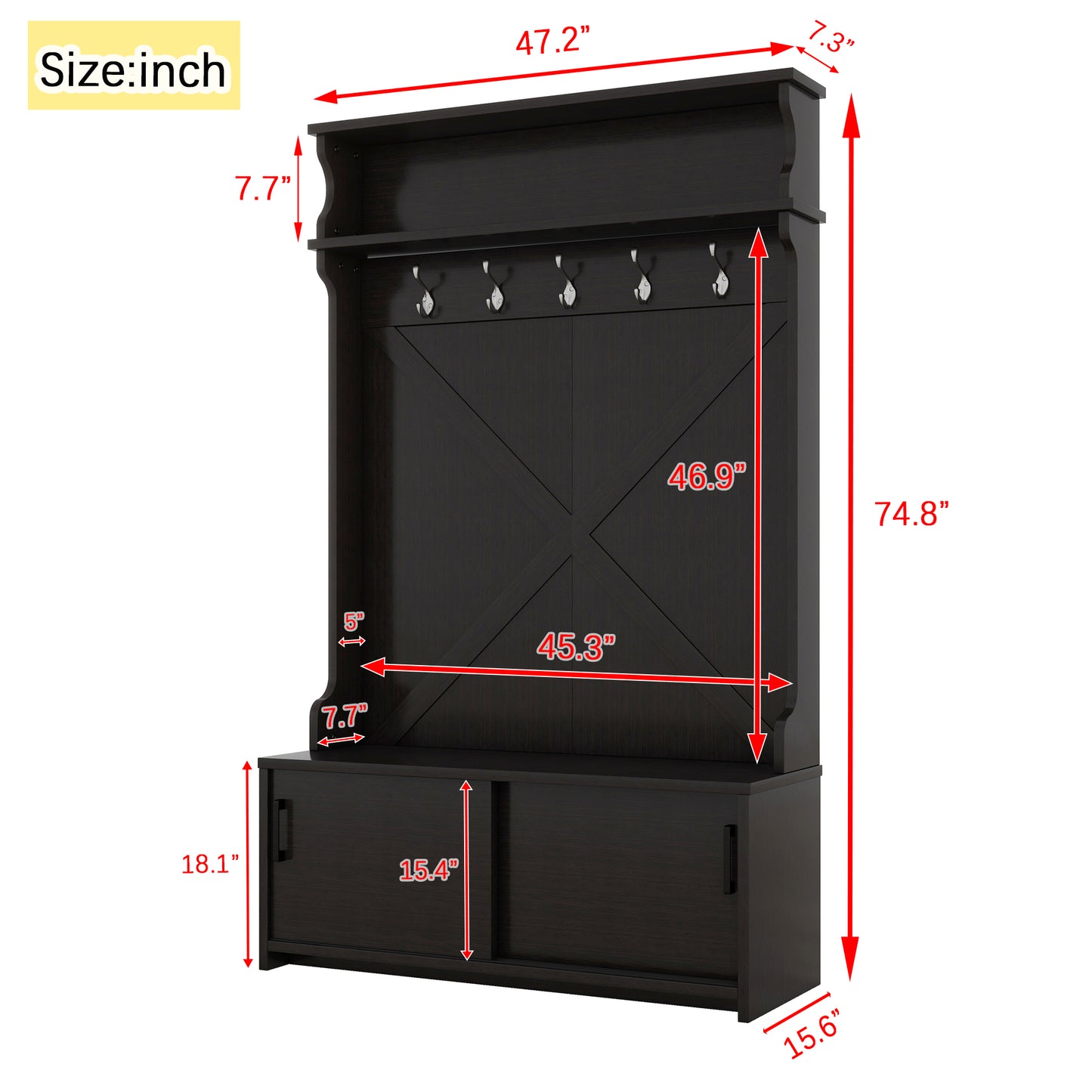 Vimora™ - Black Hall Tree with Storage Bench, Sliding Door & 5 Hooks