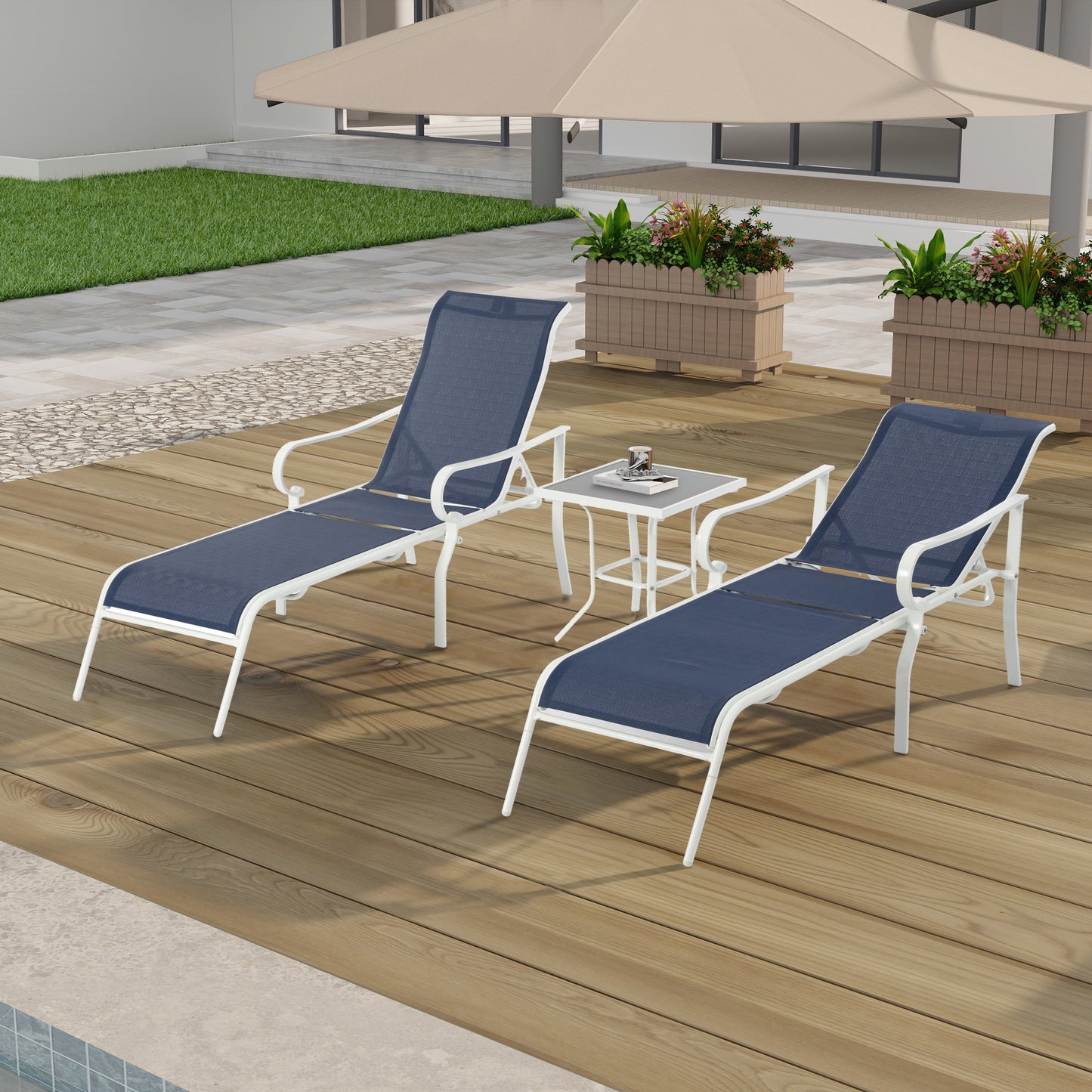 Vimora™ - Classic White-Blue 3-Piece Patio Lounge Chair Set with Adjustable Backrests