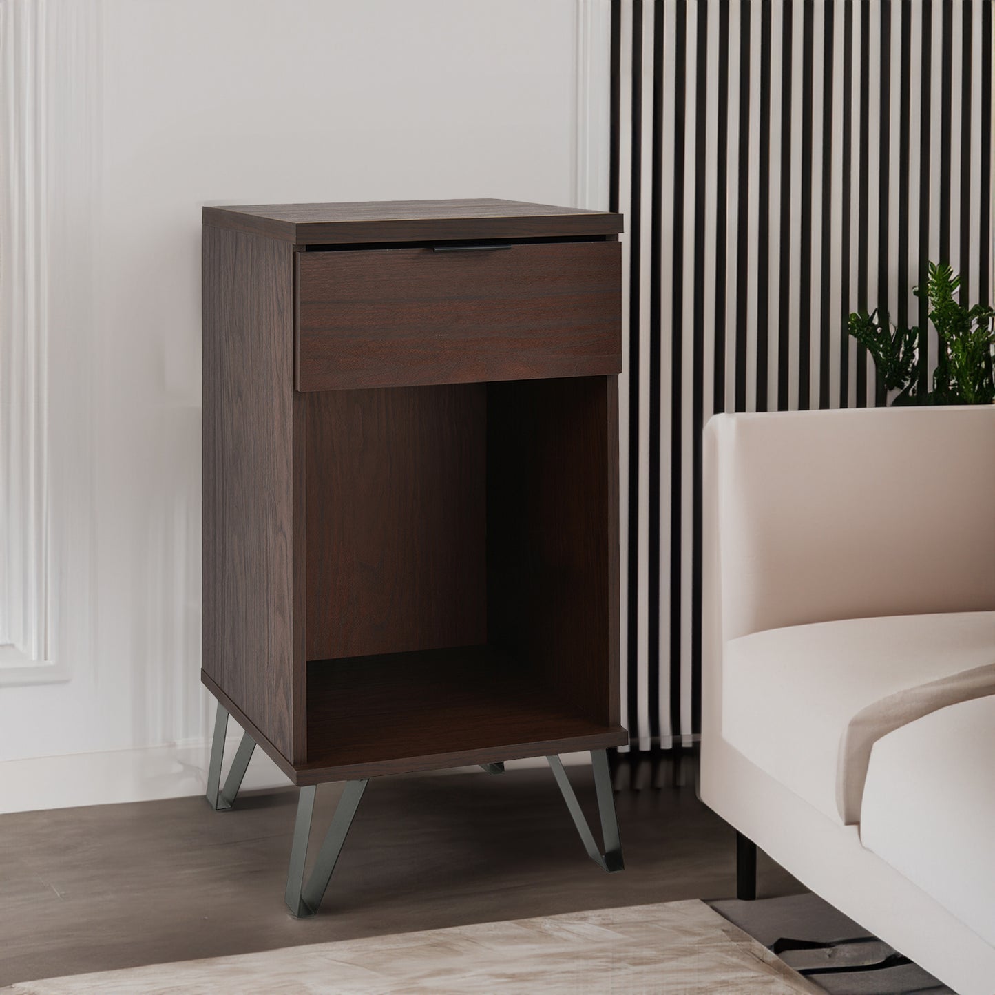 Luca™️ - Walnut 1 Drawer Tall End Table with Shelf for Modern Bedrooms