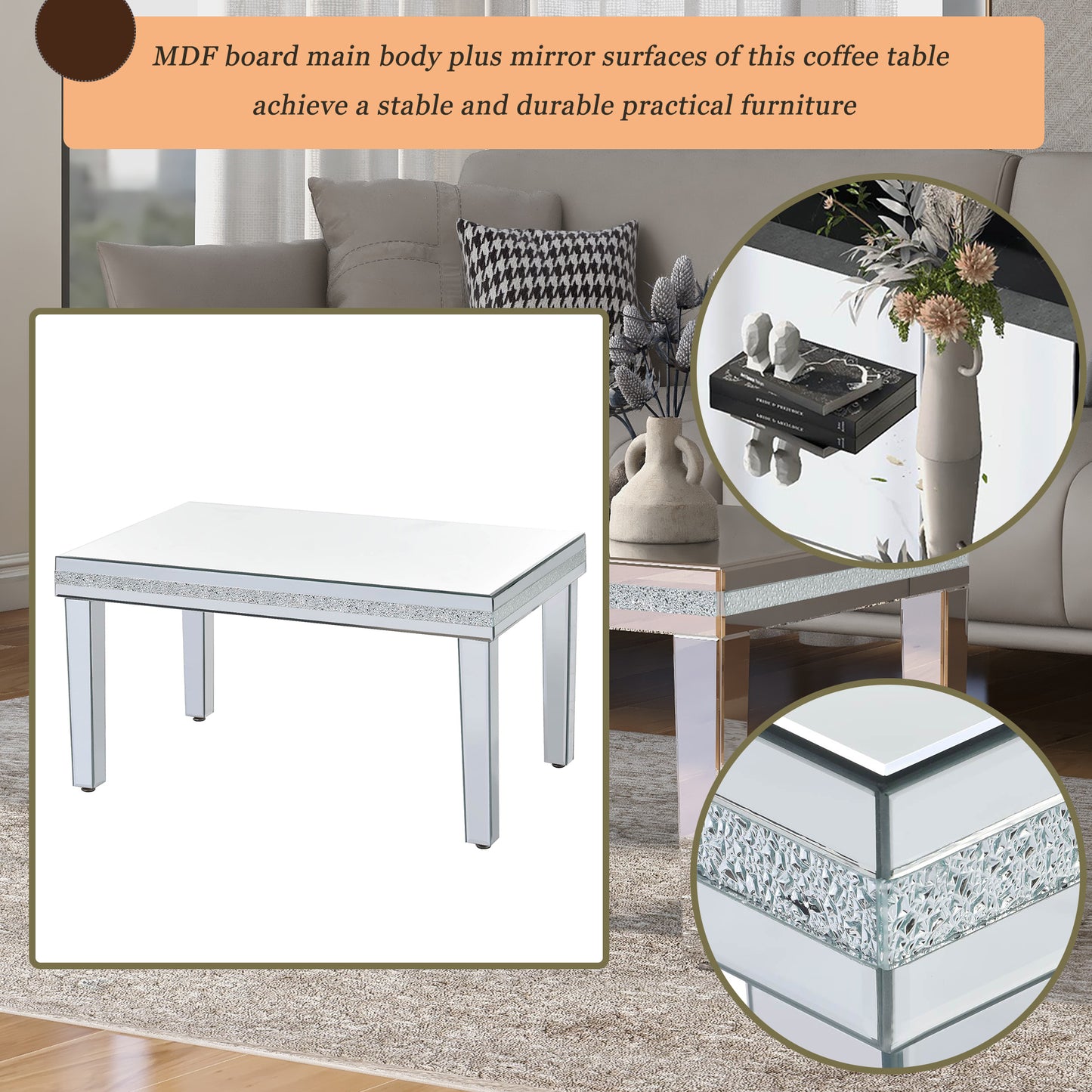 Sofia™️ - Modern Glass Mirrored Coffee Table with Crystal Design and Adjustable Height Legs