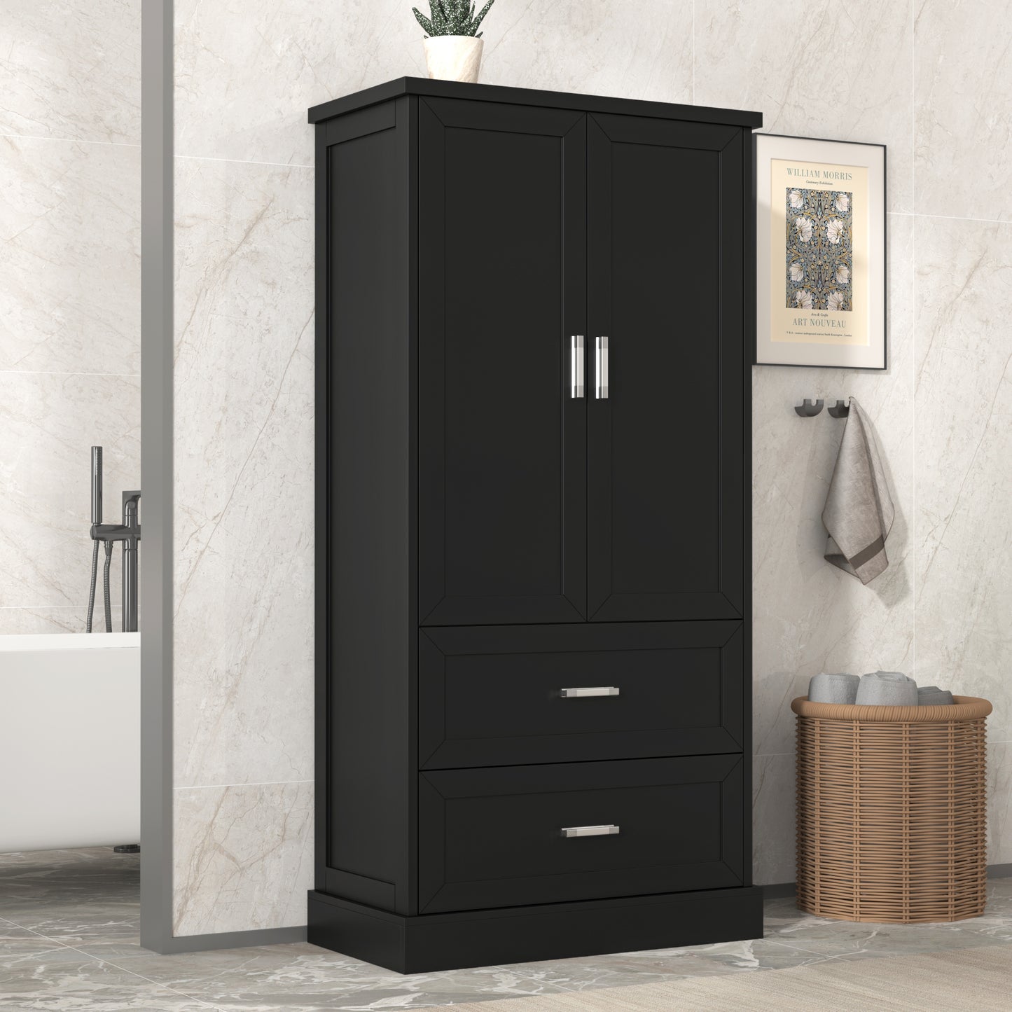 Vimora™ - Tall Black Bathroom Storage Cabinet with Doors, Drawers & Adjustable Shelf