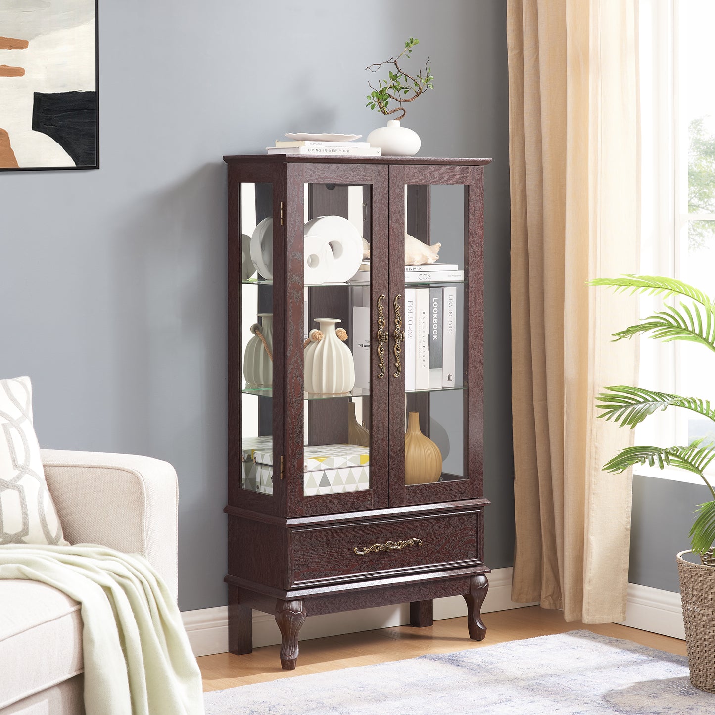 Vimora™ - Elegant Dark Cherry Curio Cabinet with Adjustable Glass Shelves and Illuminated Display