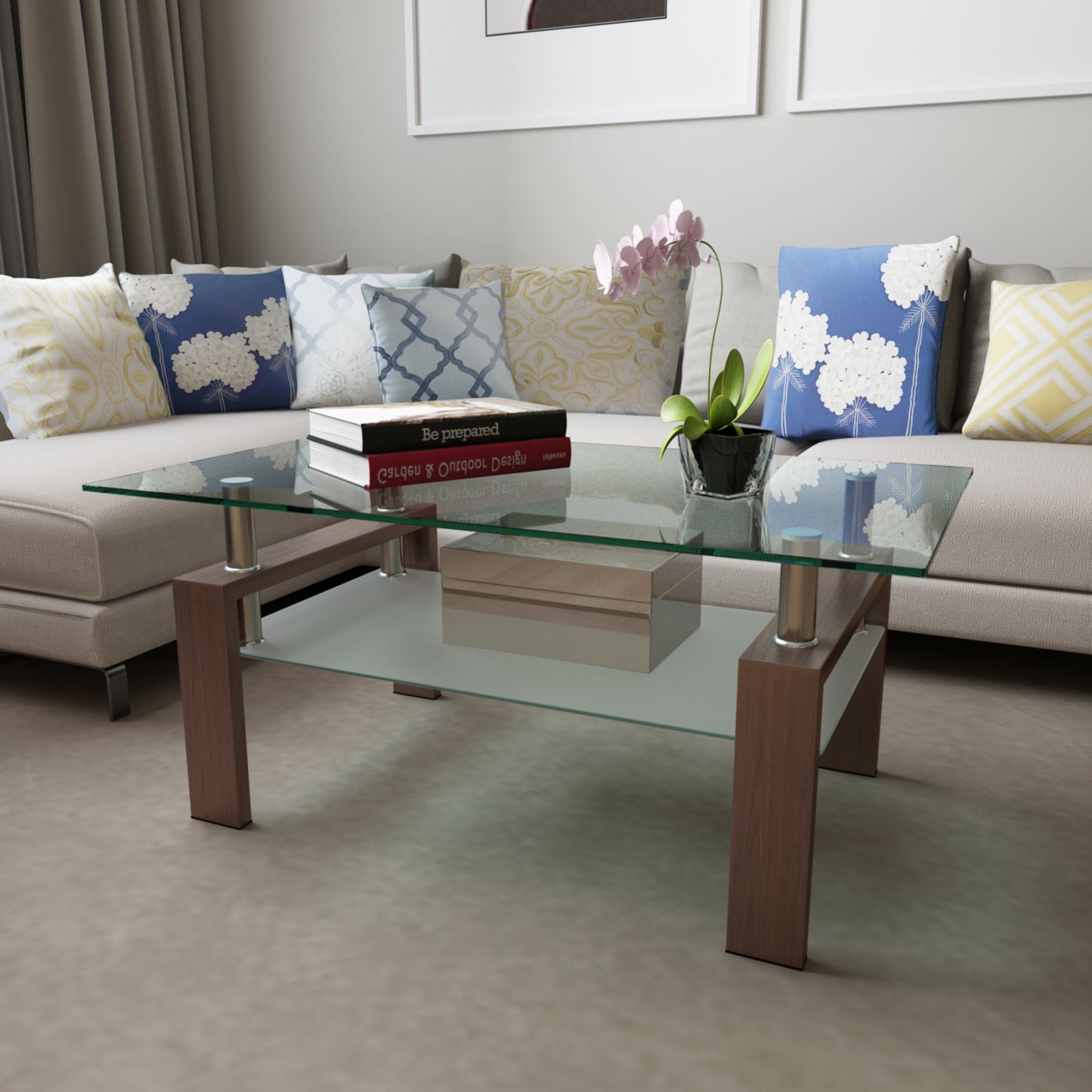 Vimora™ - Modern Rectangle Walnut Glass Coffee Table with Double Layer Storage