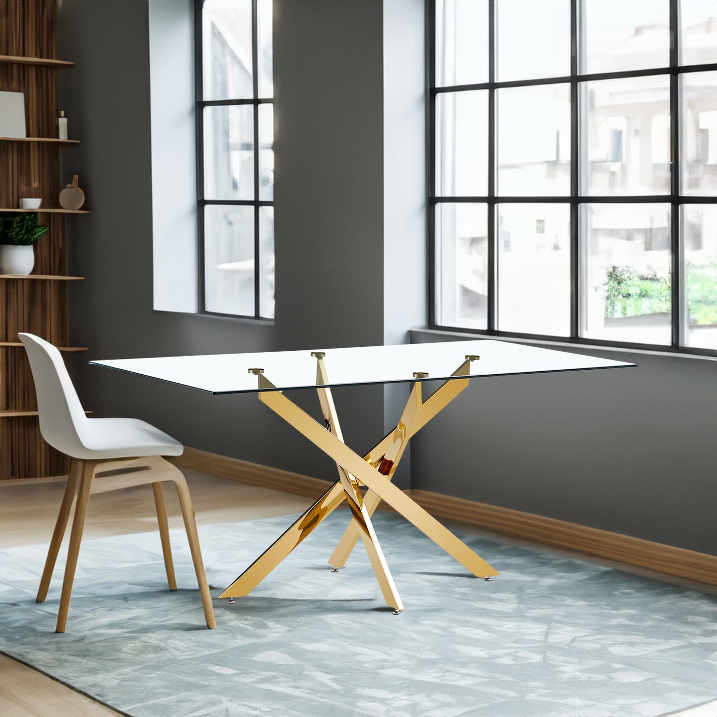 Vimora™ - 63" Tempered Glass Dining Table with Golden Metal Legs