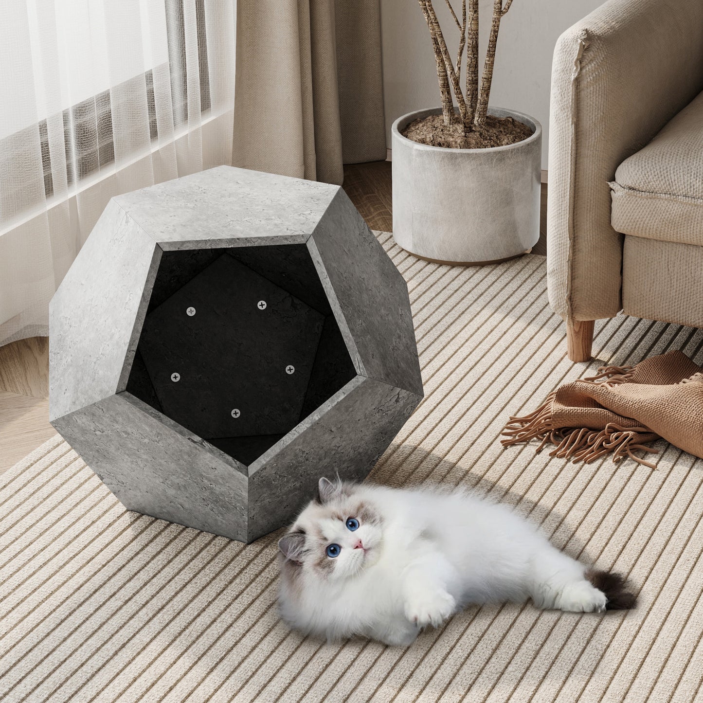 Lina™ Modern Cat Litter Box Furniture – Stylish Side Table & Multi-Use Pet House (Cement Gray)