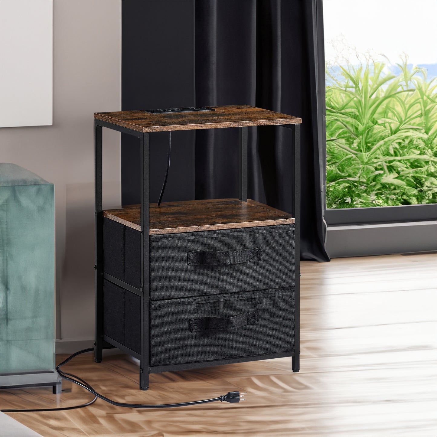 Ella™️ - Compact Nightstand with Charging Station, USB Port, 2 Drawers & Open Shelf