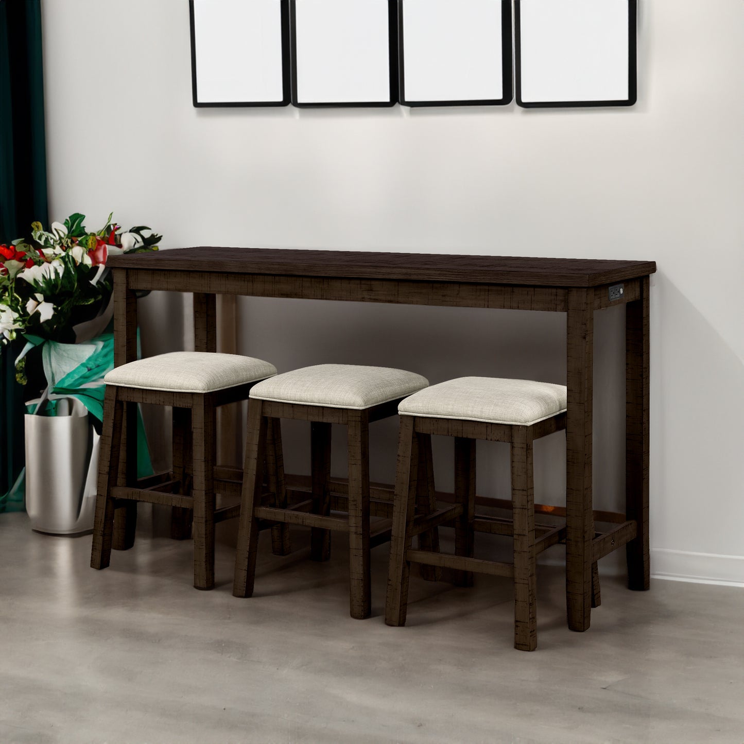Vimora™ - Rustic Brown Counter Height Dining Set with Padded Stools and Built-in Charging
