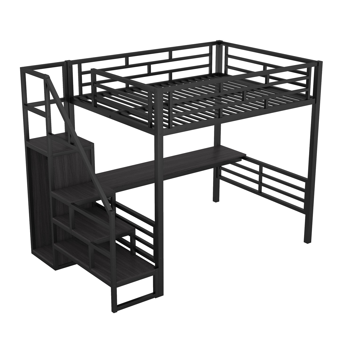 Vimora™ - Full Size Metal Loft Bed with Desk, Storage Staircase and Wardrobe in Black