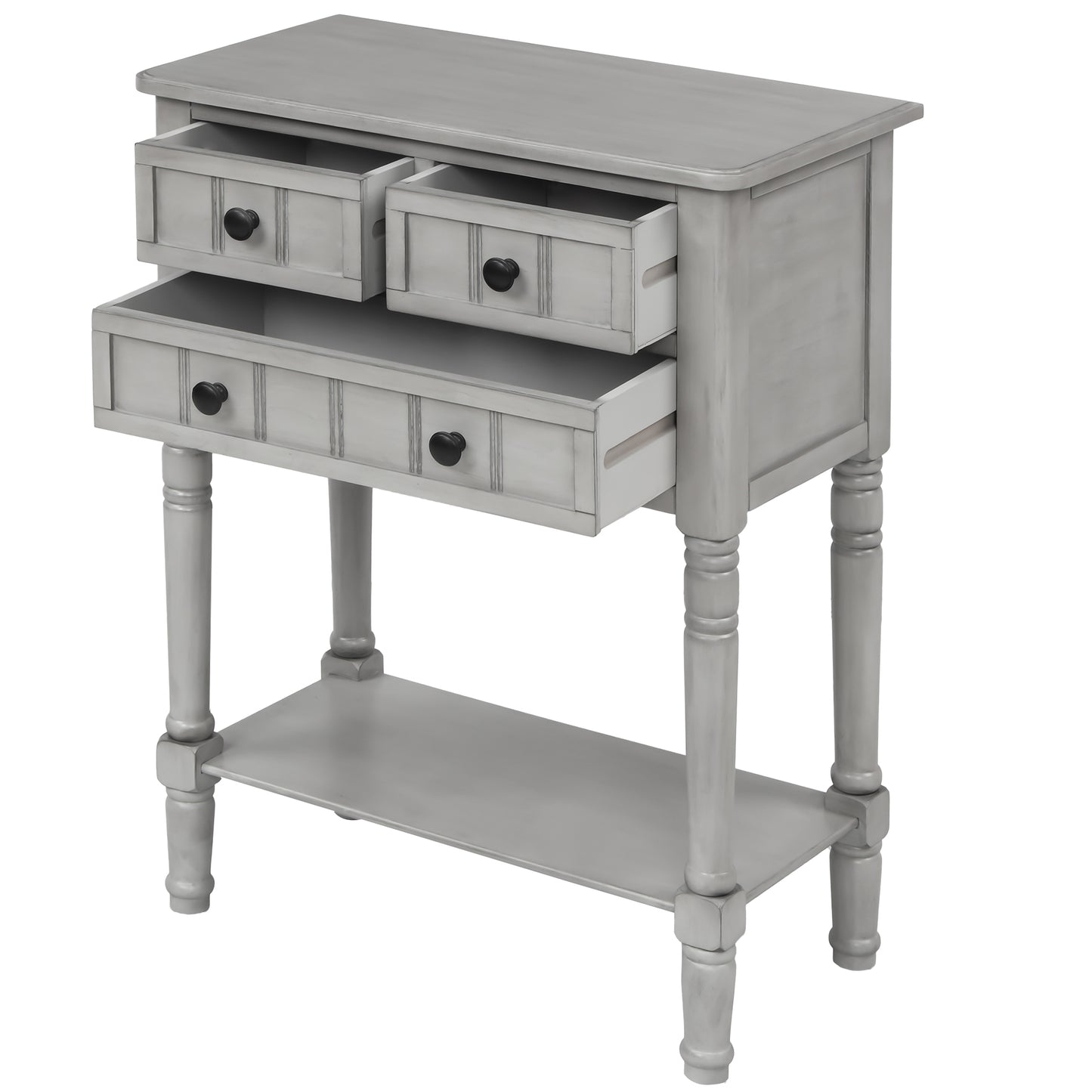 Luca™️ - Grey Washed Narrow Console Desk with 3 Drawers and Bottom Shelf for Living Room