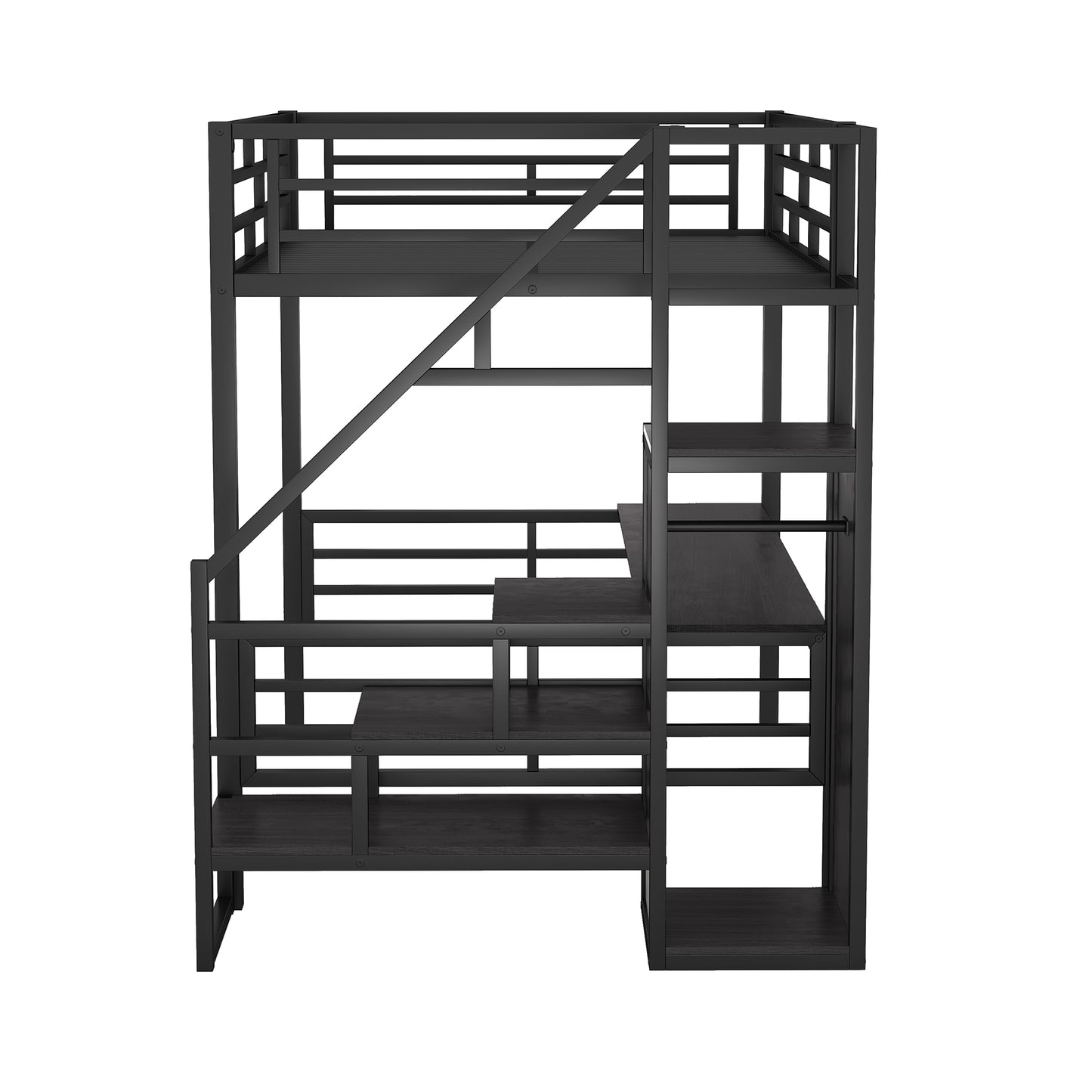 Vimora™ - Full Size Metal Loft Bed with Desk, Storage Staircase and Wardrobe in Black