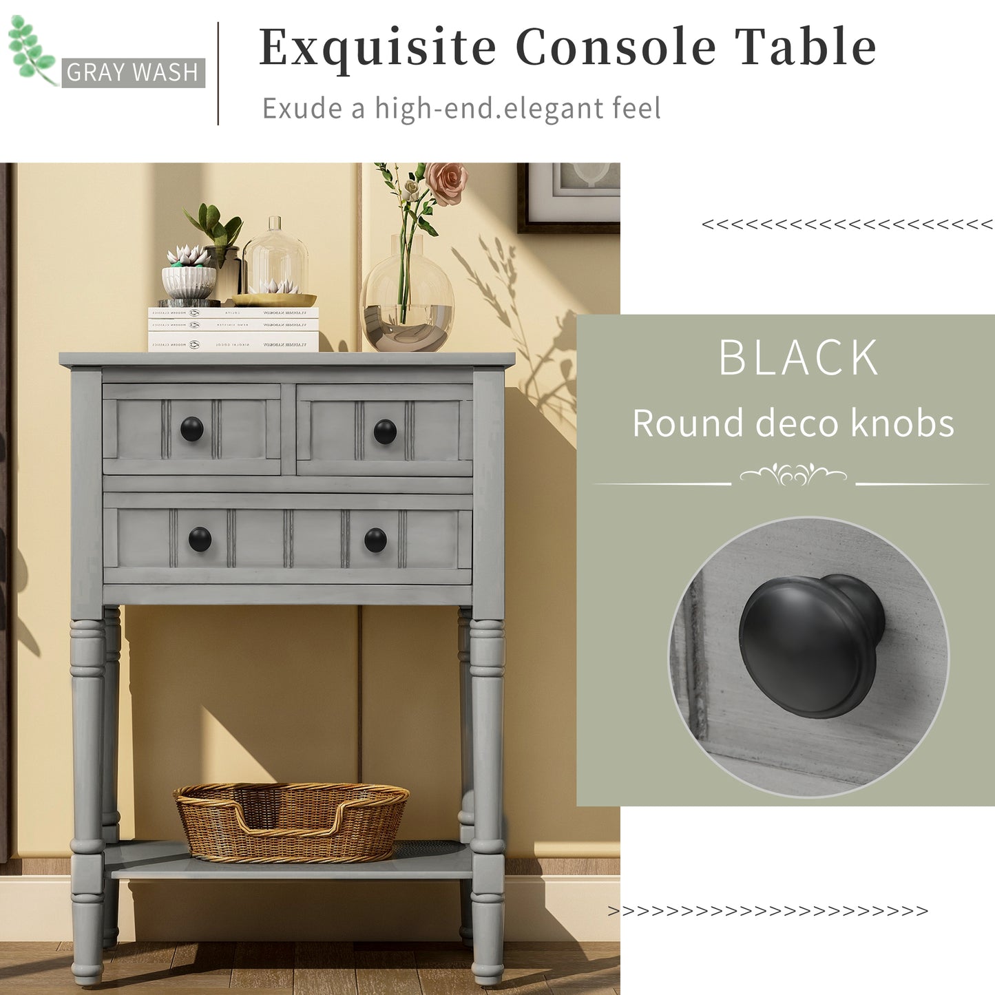 Luca™️ - Grey Washed Narrow Console Desk with 3 Drawers and Bottom Shelf for Living Room