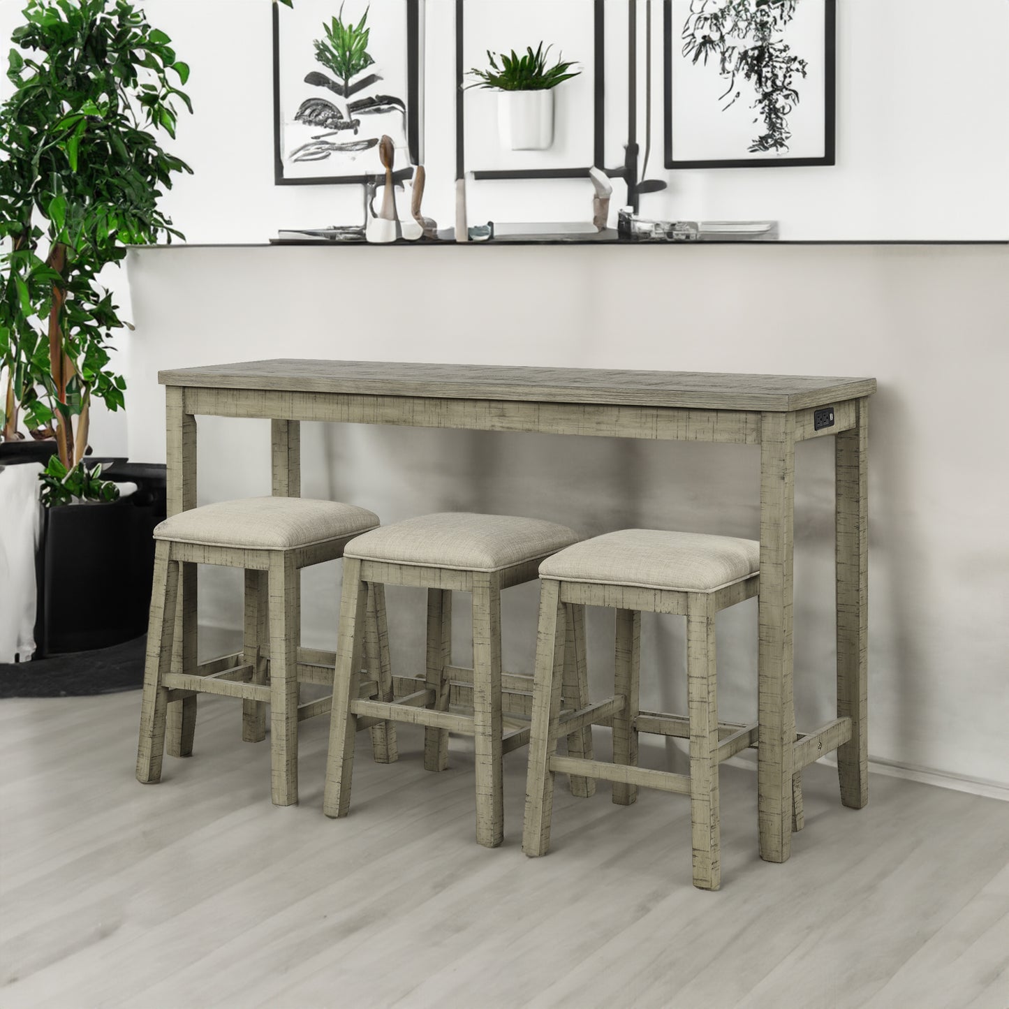 Vimora™ - Rustic 4-Piece Counter Height Dining Set with Padded Stools and Charging Socket