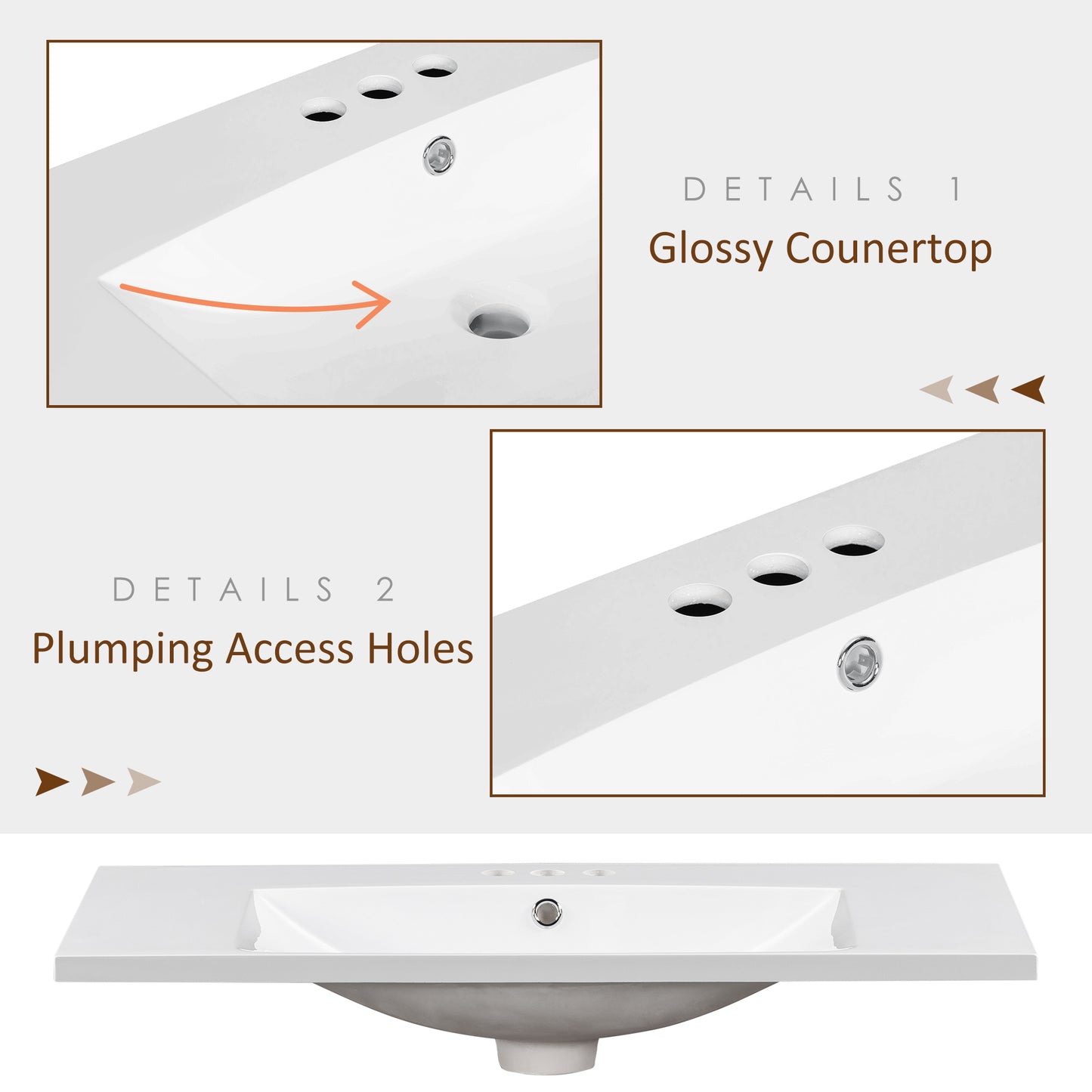 Vimora™ - 36" Single Bathroom Basin Sink, Resin Vanity Top with 3 Faucet Holes