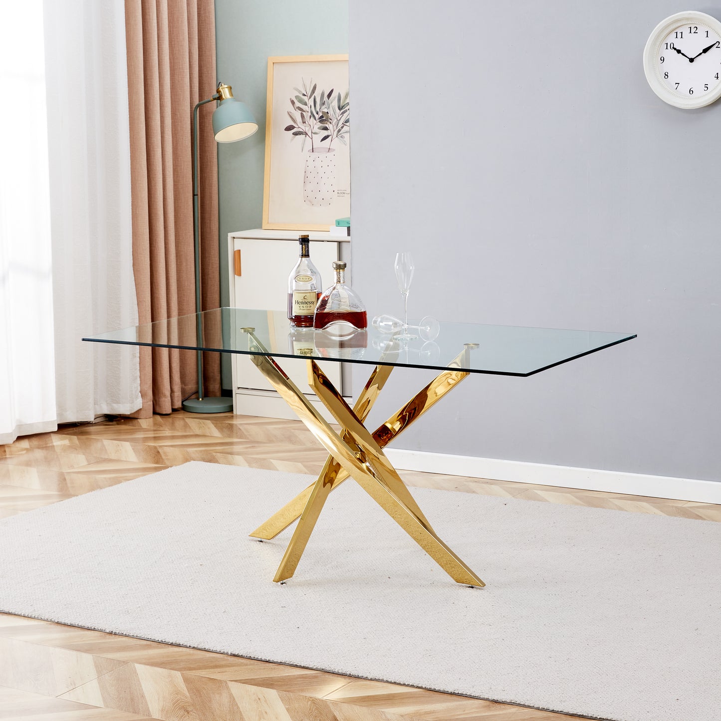 Vimora™ - 63" Tempered Glass Dining Table with Golden Metal Legs