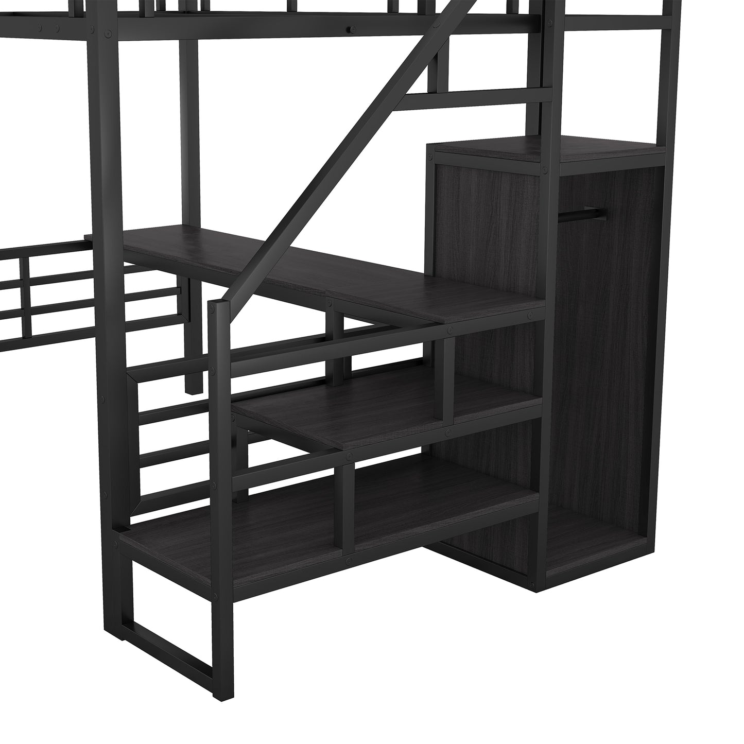 Vimora™ - Full Size Metal Loft Bed with Desk, Storage Staircase and Wardrobe in Black