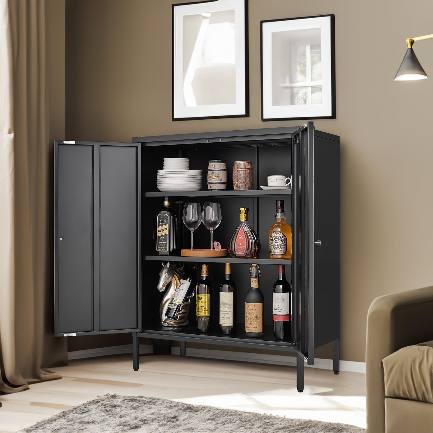 Vimora™ - Kitchen Buffet Server Table with Doors, Metal Sideboard Console Cabinet in Black