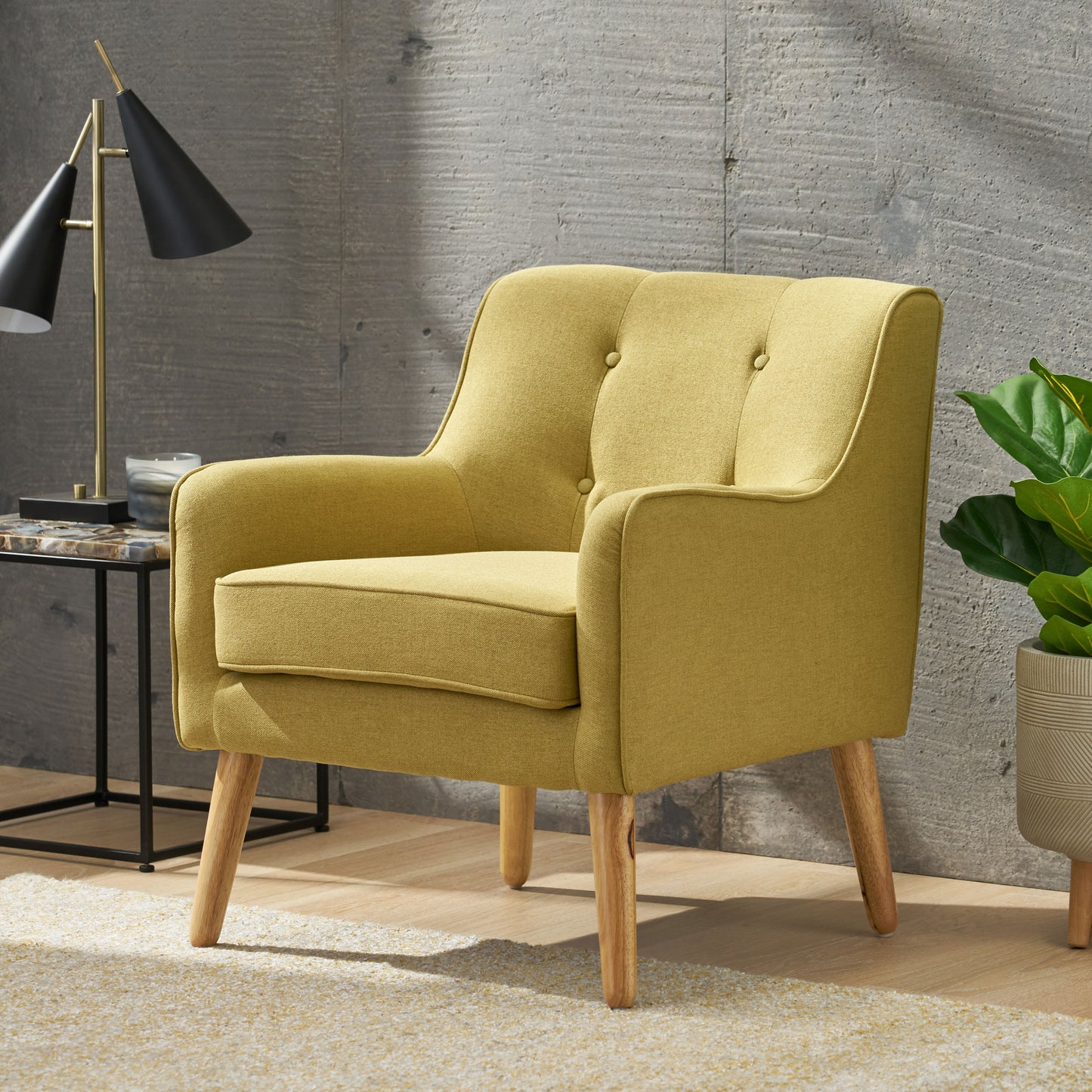 Vimora™ - Yellow Mid-Century Modern Arm Chair with Tufted Back and Birch Wood Legs